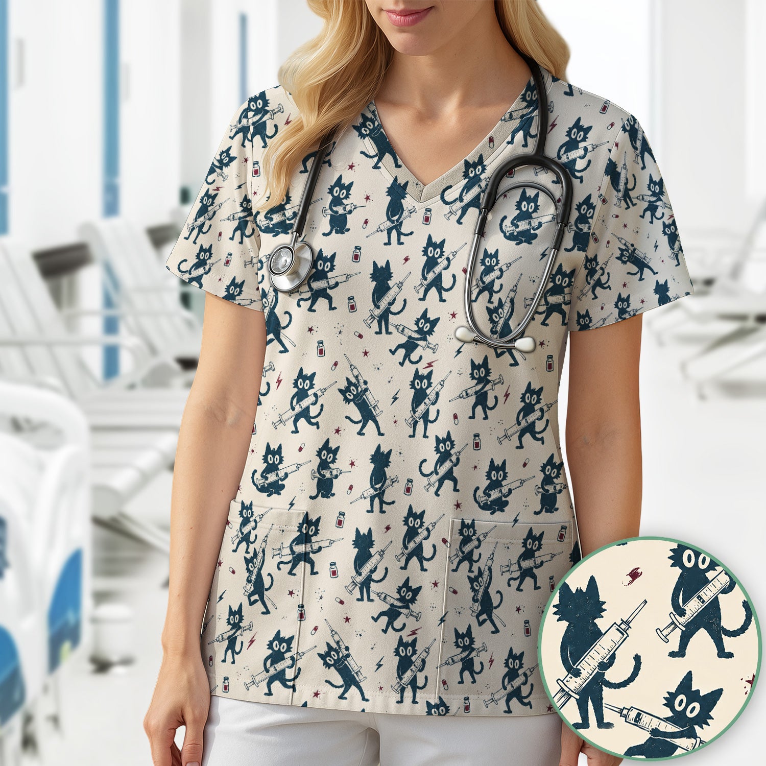 Funny Black Cats With Syringes Scrub Top, Comfortable Scrubs for Nurses