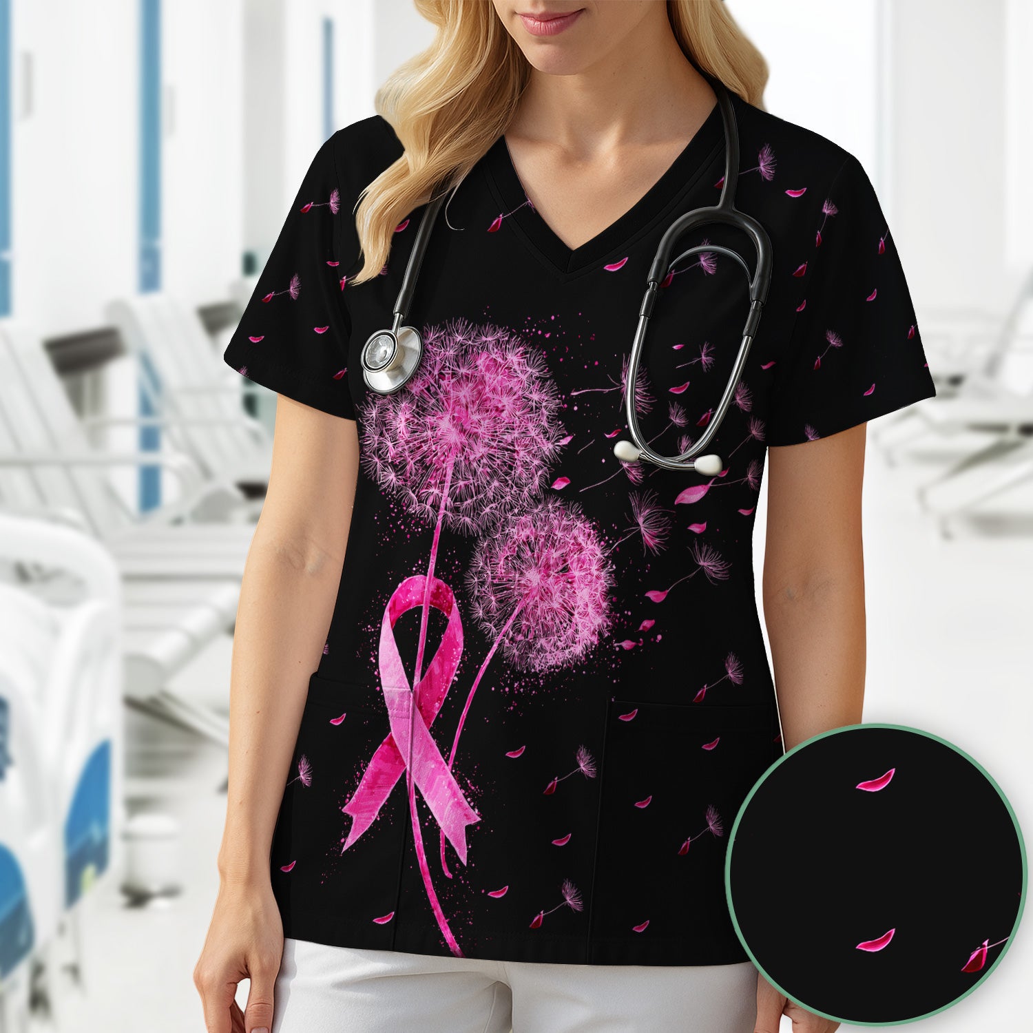 Meaningful Pink Ribbon Dandelion Scrub Top, Comfortable Scrubs for Nurses