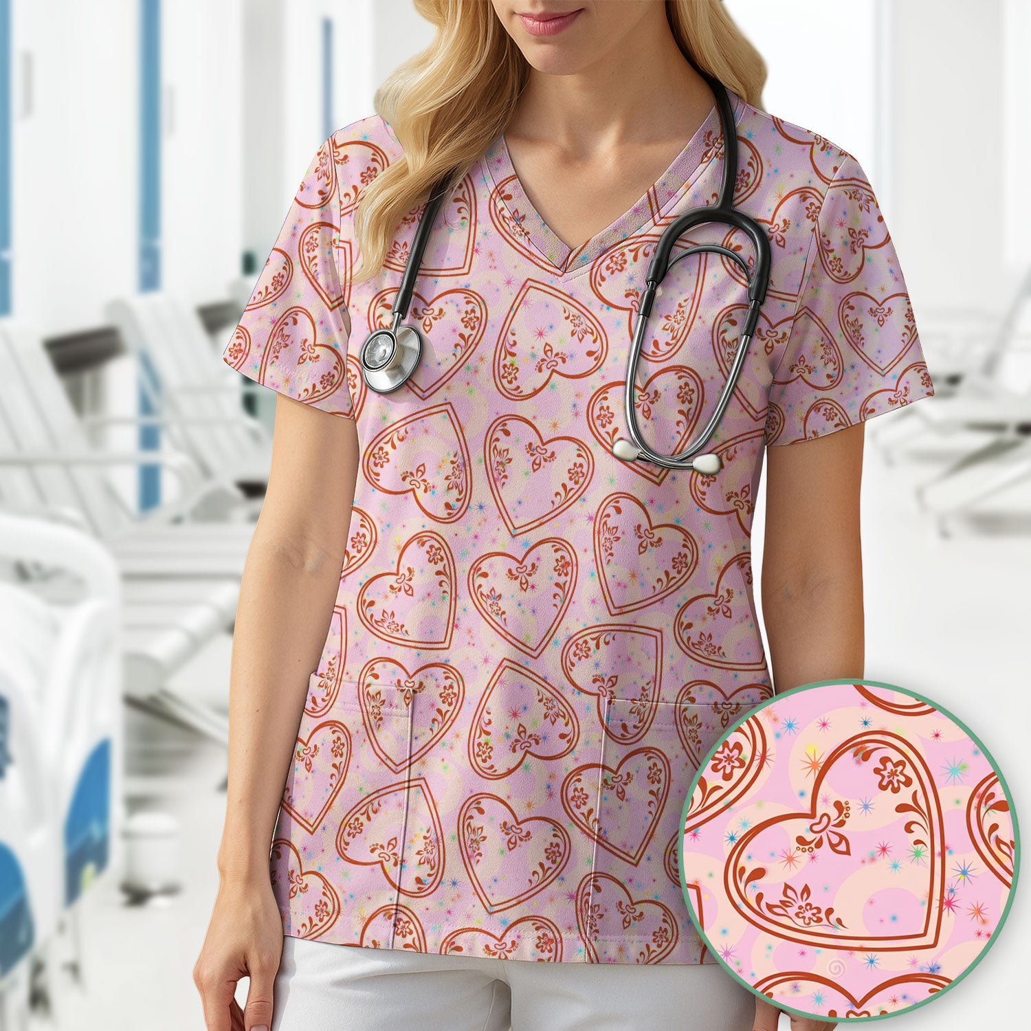 Valentine Heart Scrub Top For Women, Hearts Pattern Nurse Shirt, Comfortable Scrubs For Nursing