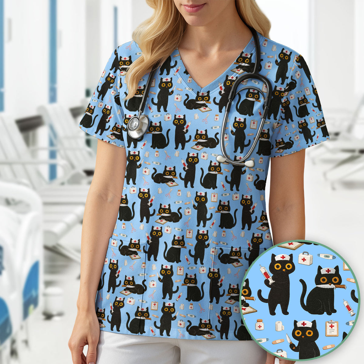 Cute Black Cat Nurse Pattern Scrub Top, Comfortable Scrubs for Nurses