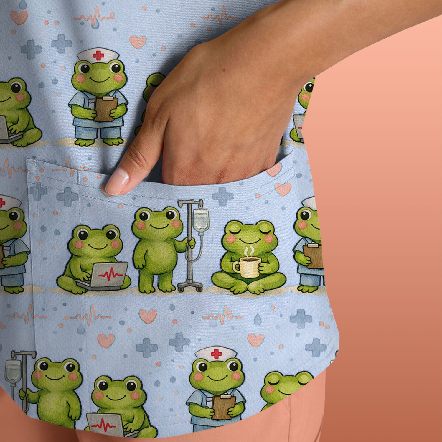 Adorable Frog Nurse Various Poses Print Scrub Top, Comfortable Scrubs for Nurses