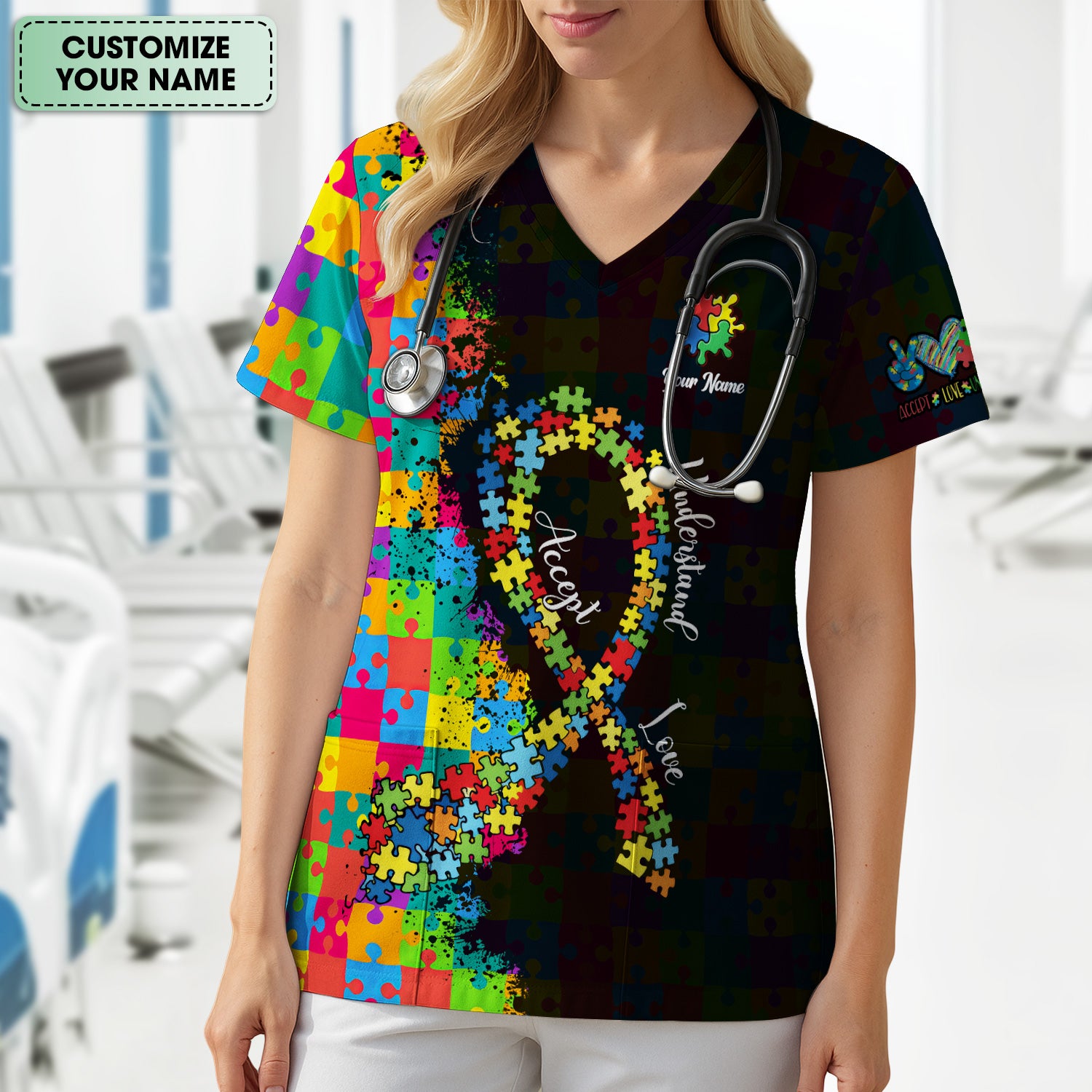 Personalized Autism Puzzle Ribbon Colorful Print Scrub Top, Comfortable Scrubs for Nurses