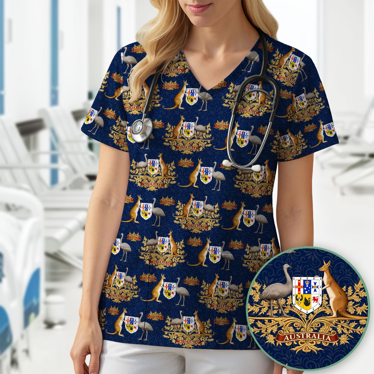 Australian Kangaroo Emu Crest Pattern Scrub Top, Comfortable Scrubs for Nurses