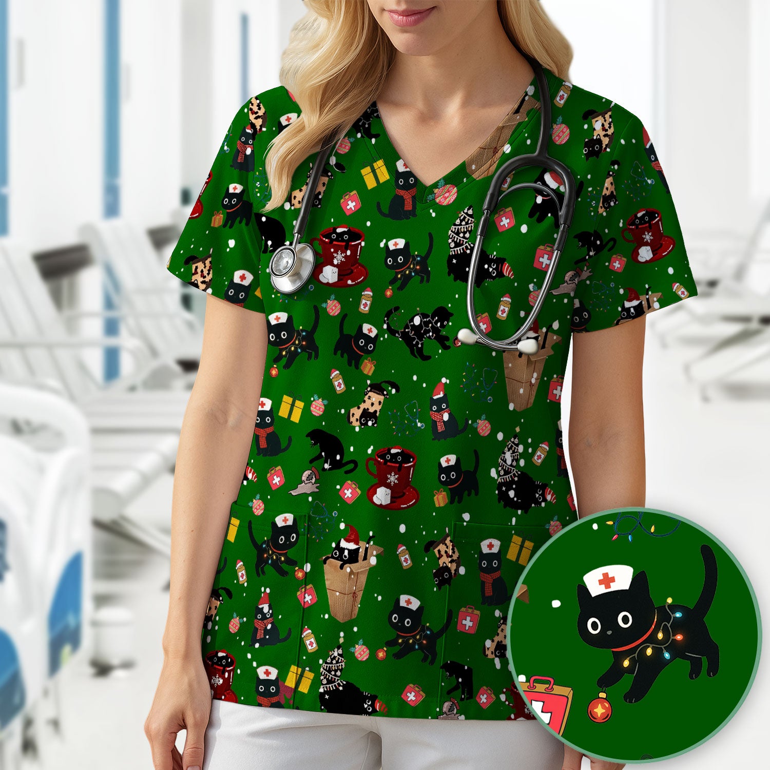 Funny Cat Scrub for Women - Christmas Black Cats Comfortable Scrubs for Nurses - Breathable Fabrics Nursing Uniform