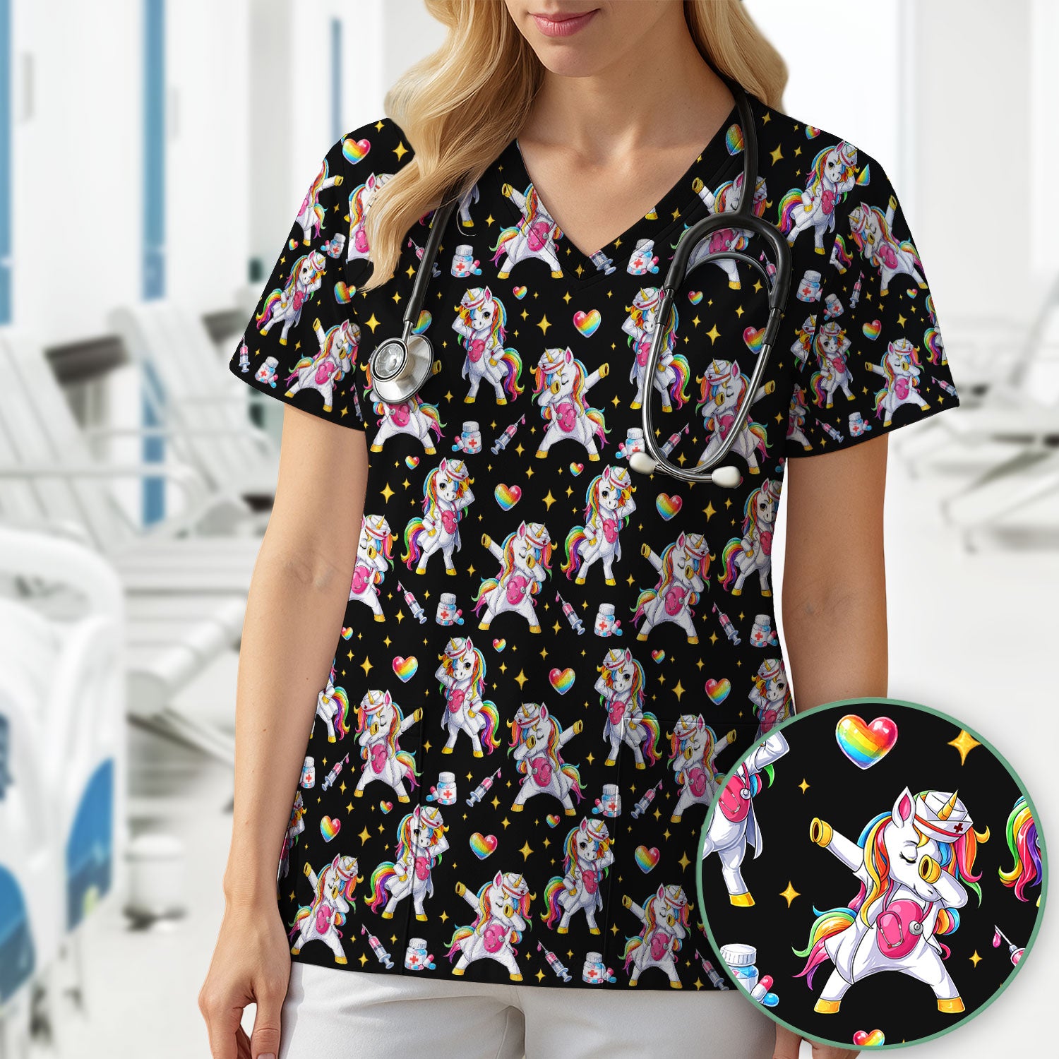 Playful Nurse Unicorn Rainbow Pattern Scrub Top, Comfortable Scrubs for Nurses