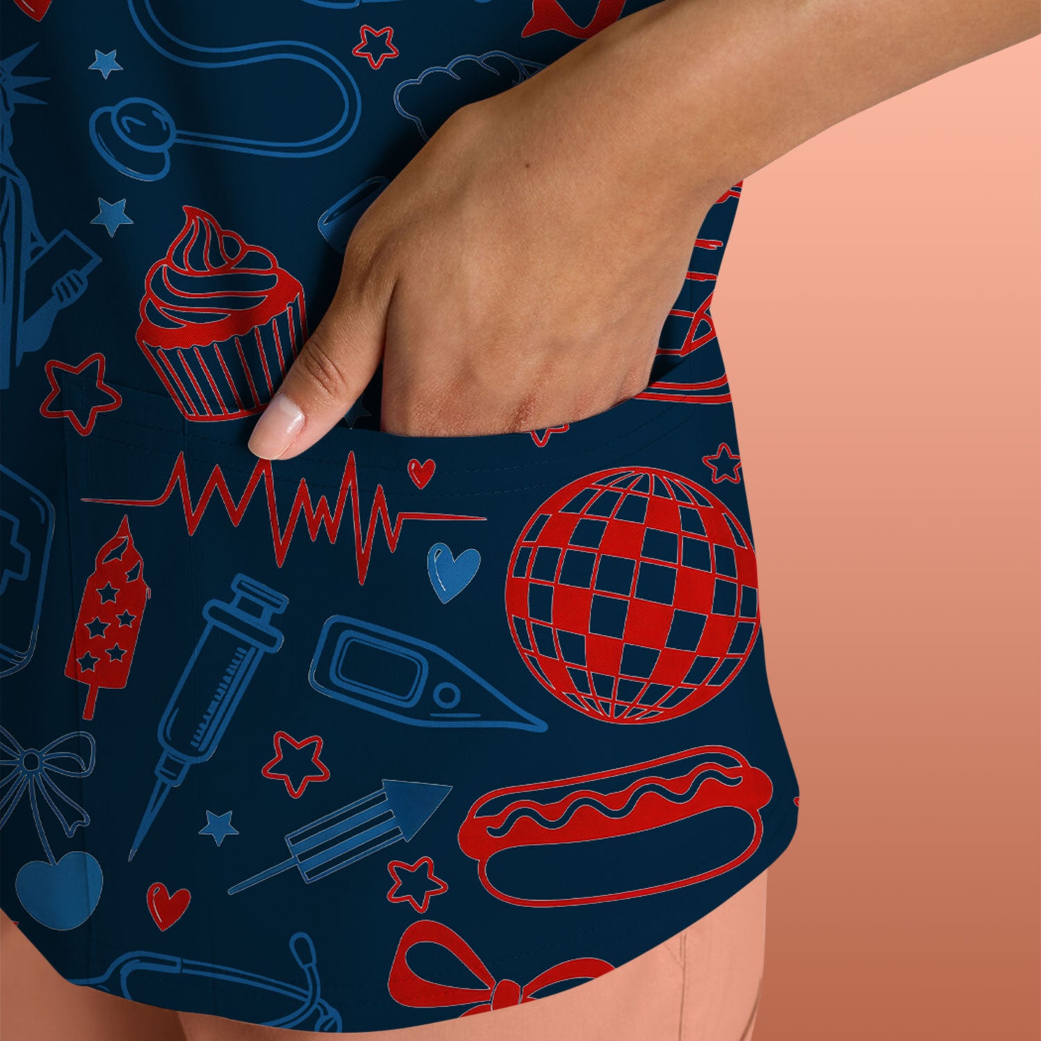 Patriotic Nurse Medical Icons Pattern Scrub Top, Breathable Fabrics Nursing Uniform