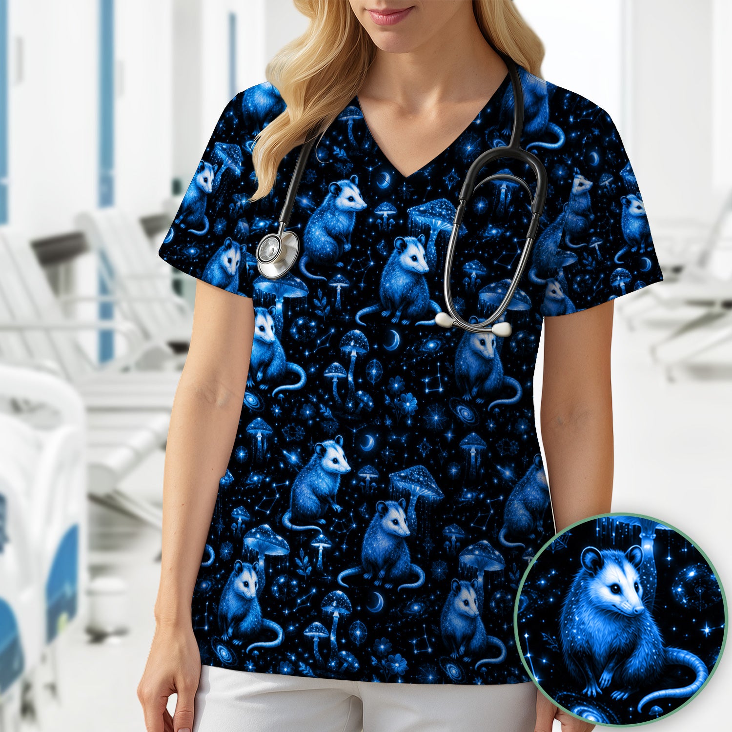 Celestial Blue Opossum With Mushroom Pattern Scrub Top, Comfortable Scrubs for Nurses
