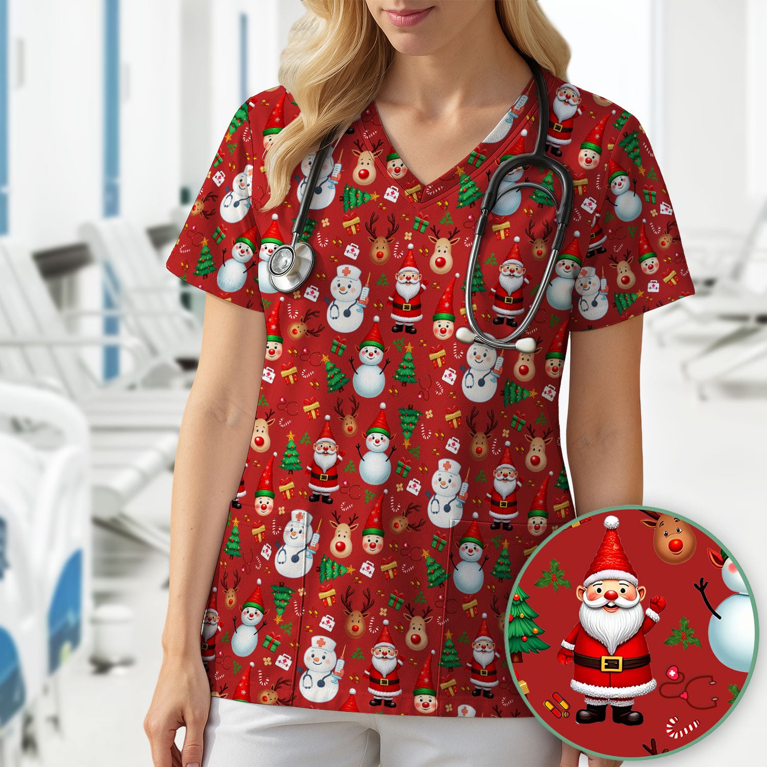 Christmas Scrub Top for Nurses - Cute Snowman Reindeer Santa Pattern - Holiday Medical Uniform RN CNA LPN Gift