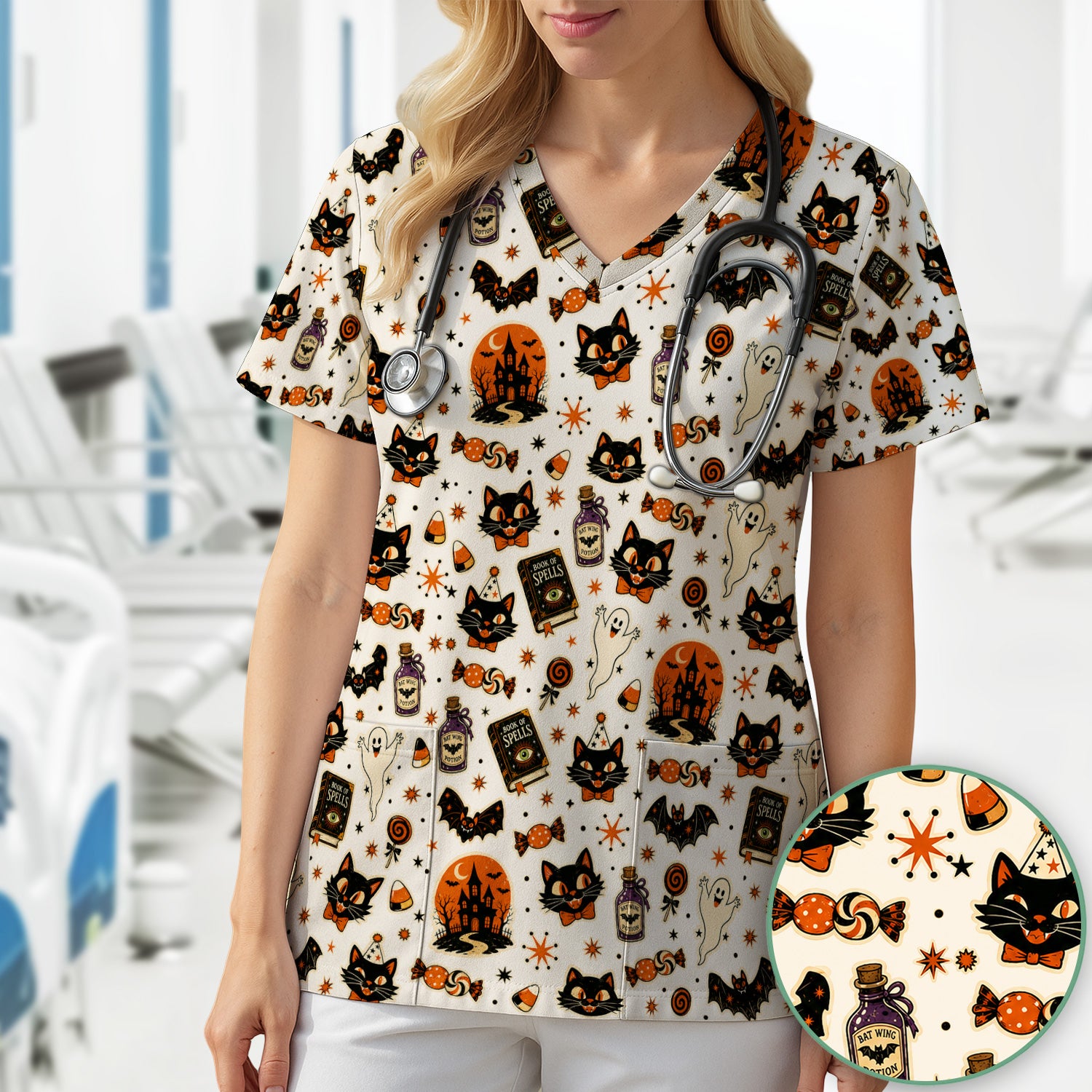 Halloween Black Cat with Ghost Candy Print Scrub Top, Comfortable Scrubs for Nurses
