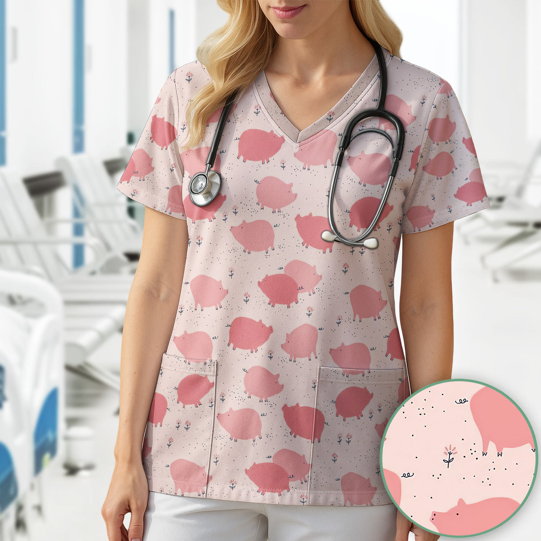 Pink Pig Farm Pattern Scrub Top, Comfortable Scrubs for Nurses