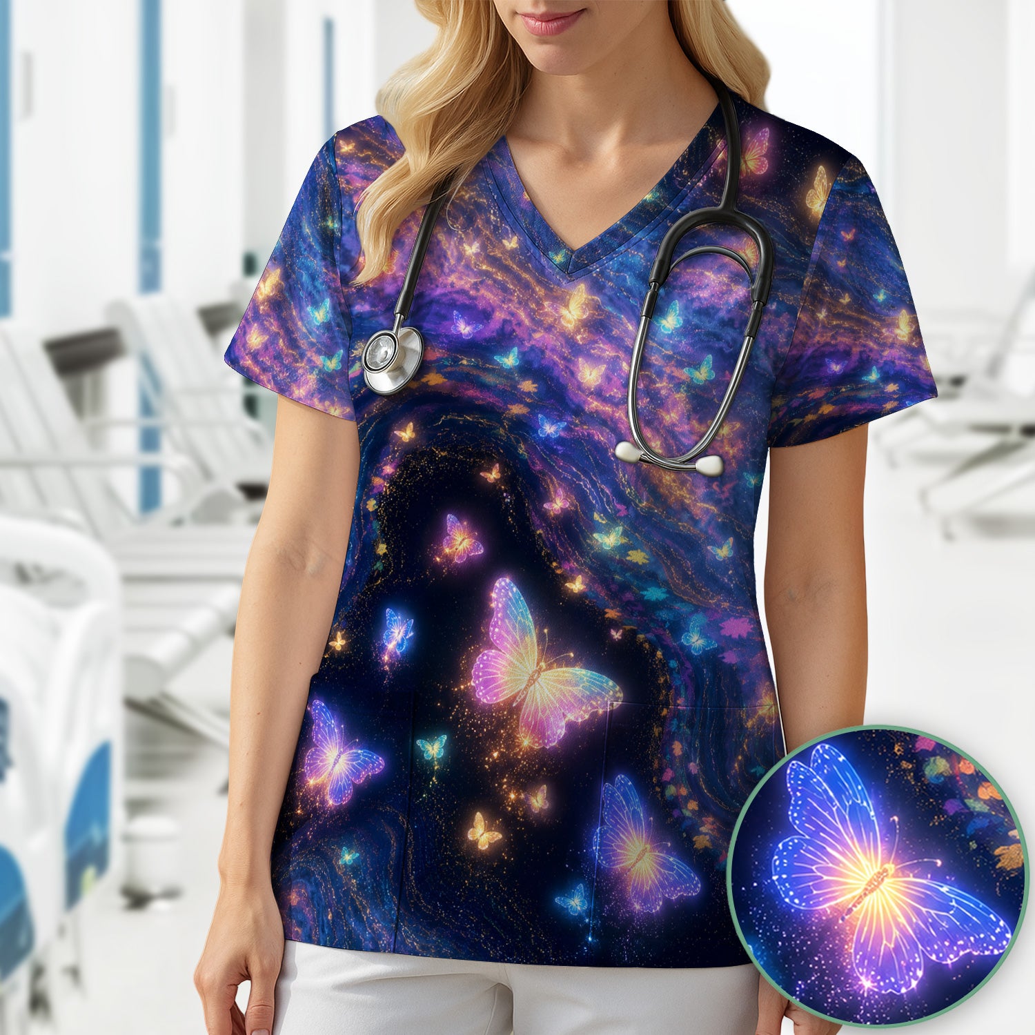 Neon Butterfly Galaxy Marble Print Scrub Top, Comfortable Scrubs for Nurses