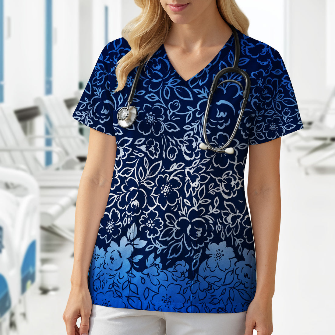 Navy Botanical Flower Print Scrub Top, Comfortable Scrubs for Nurses