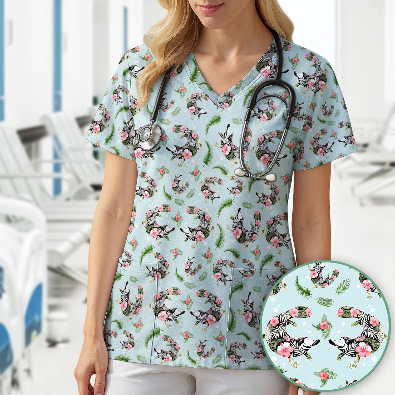 Cute Platypus Scrub Top, Tropical Floral Animal Pattern Nurse Shirt, Breathable Fabrics Nursing Uniform