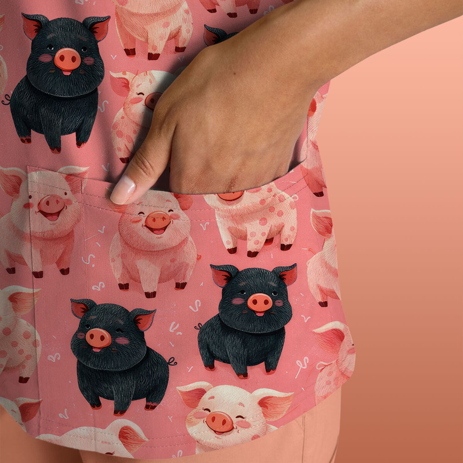 Cartoon Pig Print Scrub Top, Comfortable Medical Scrubs for Nurses