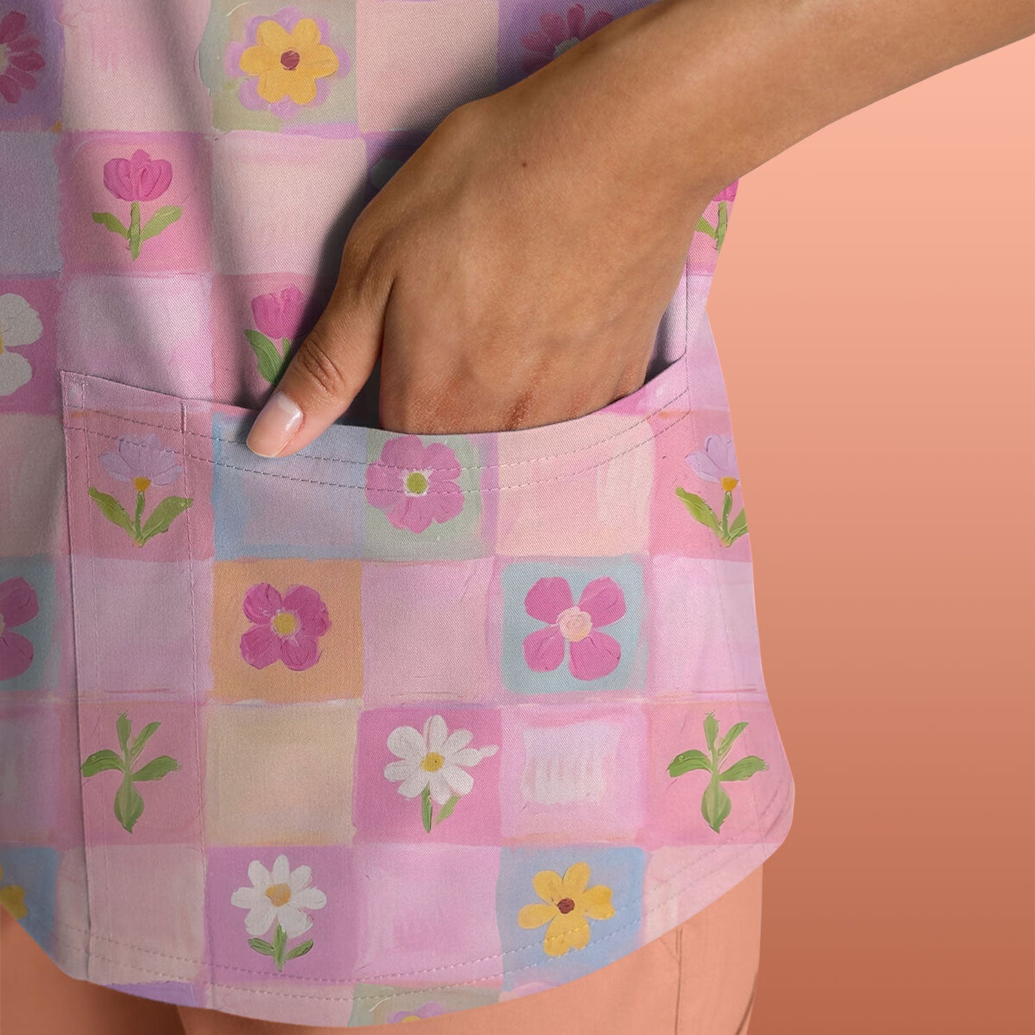 Lovely Pastel Floral Patchwork Pattern Scrub Top, Comfortable Scrubs For Nurses