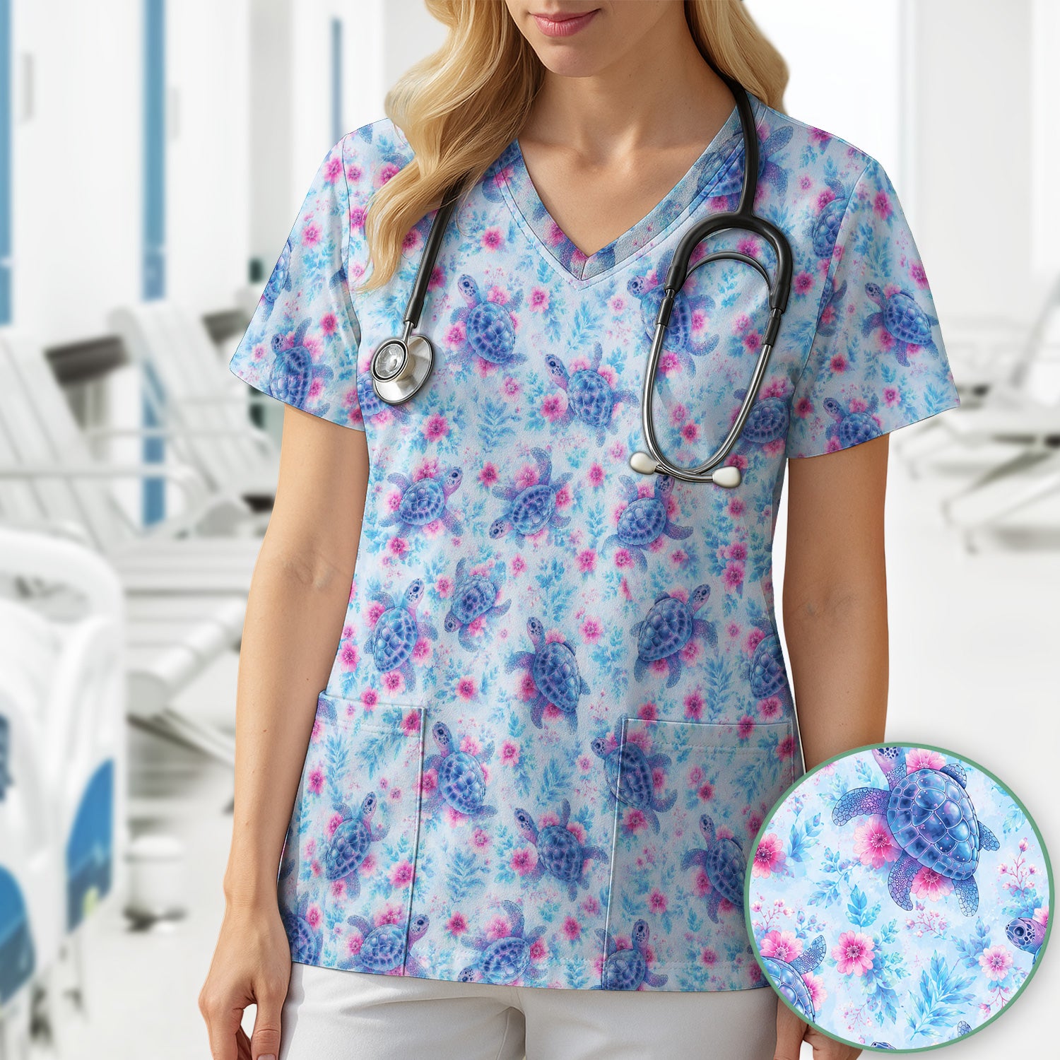 Cute Sea Turtle Floral Print Scrub Top, Comfortable Scrubs for Nurses