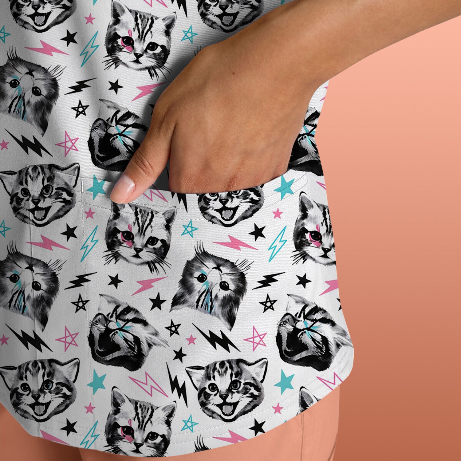 Playful Cat Faces Lightning Pattern Scrub Top, Comfortable Scrubs for Nurses