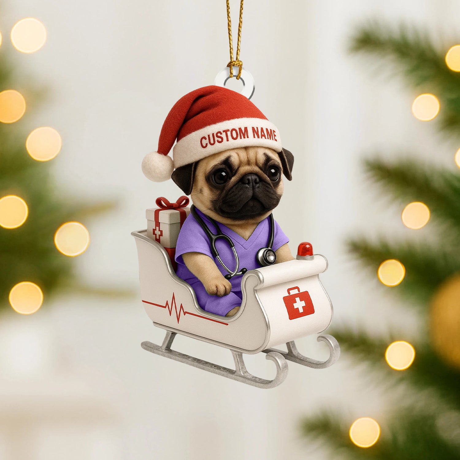 Personalized Nurse Pug Christmas Ornament – Custom Name Dog Doctor Sleigh Decor – Cute Medical Puppy Holiday Tree Ornament for Pet Lovers & Healthcare Workers