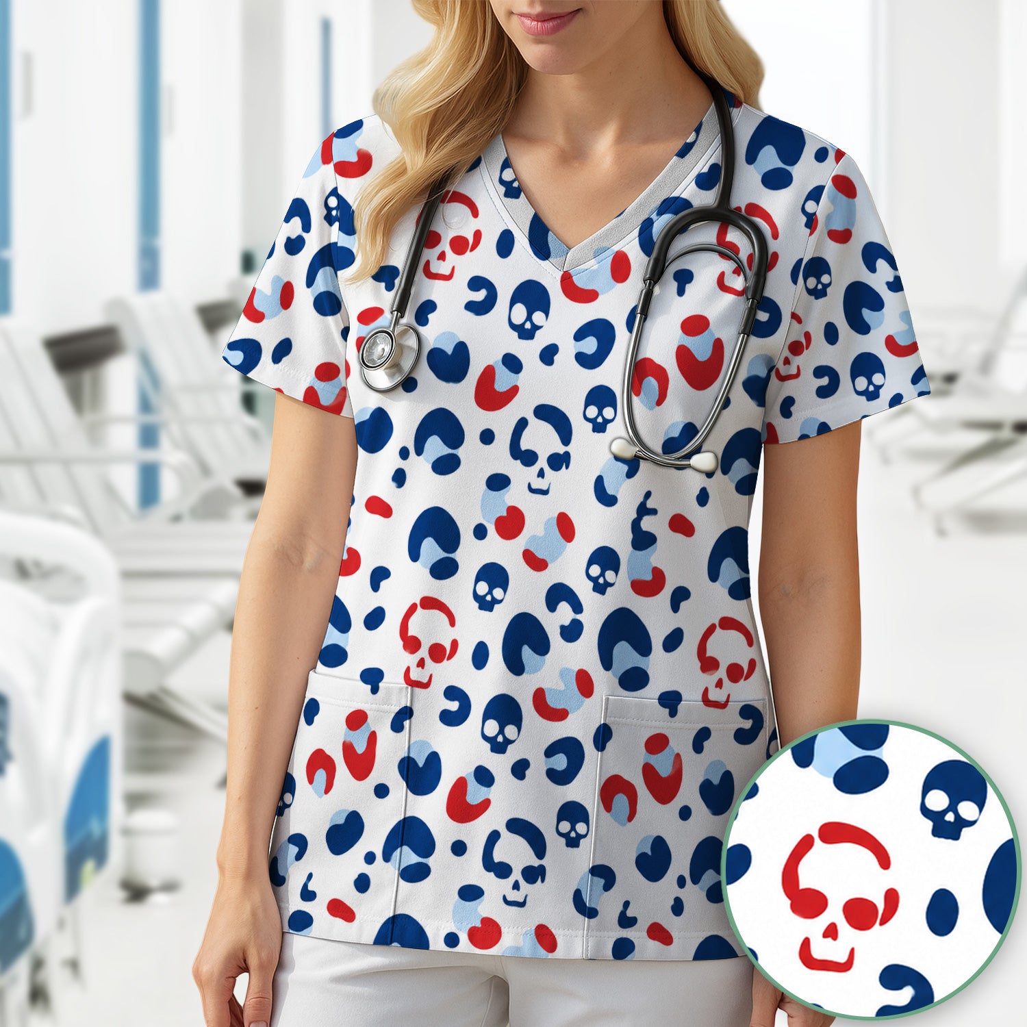 Red Blue Skull Leopard Pattern Scrub Top, Comfortable Scrubs for Nurses