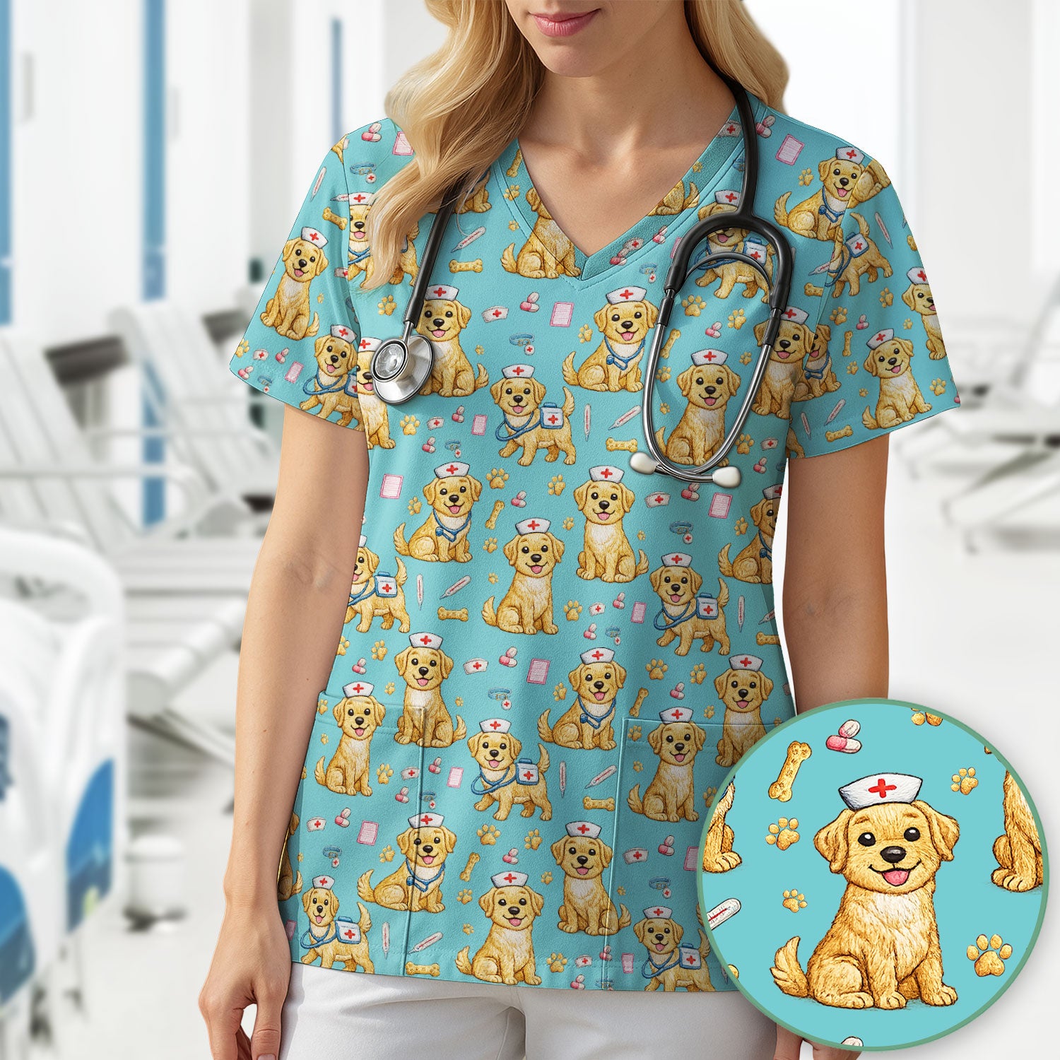 Cute Puppy Nurse Medical Print Scrub Top, Comfortable Scrubs for Nurses