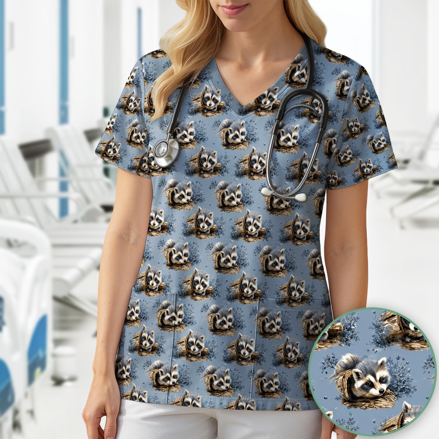 Cute Raccoon In Log Pattern Scrub Top, Comfortable Scrubs for Nurses