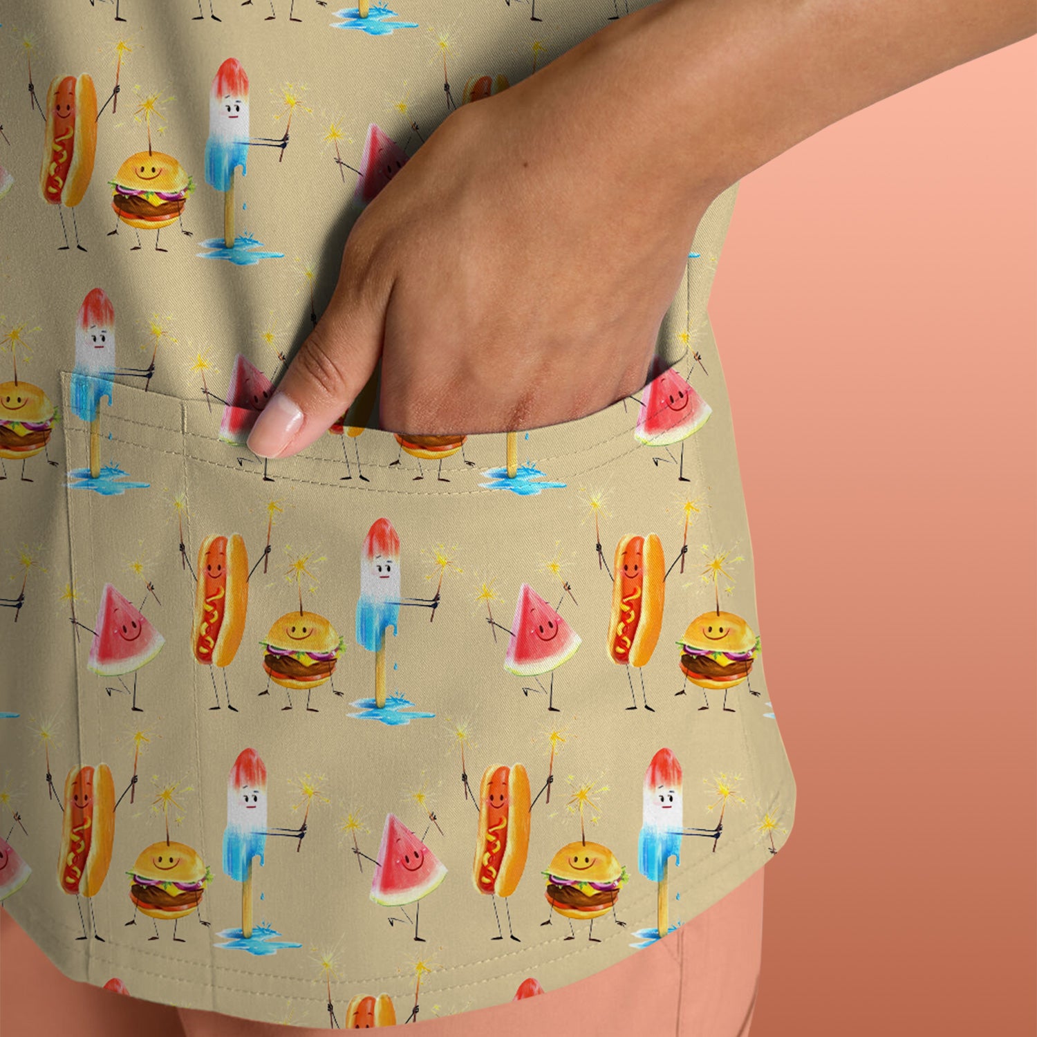Funny Summer Food Icons Pattern Scrub Top, Comfortable Scrubs for Nurses