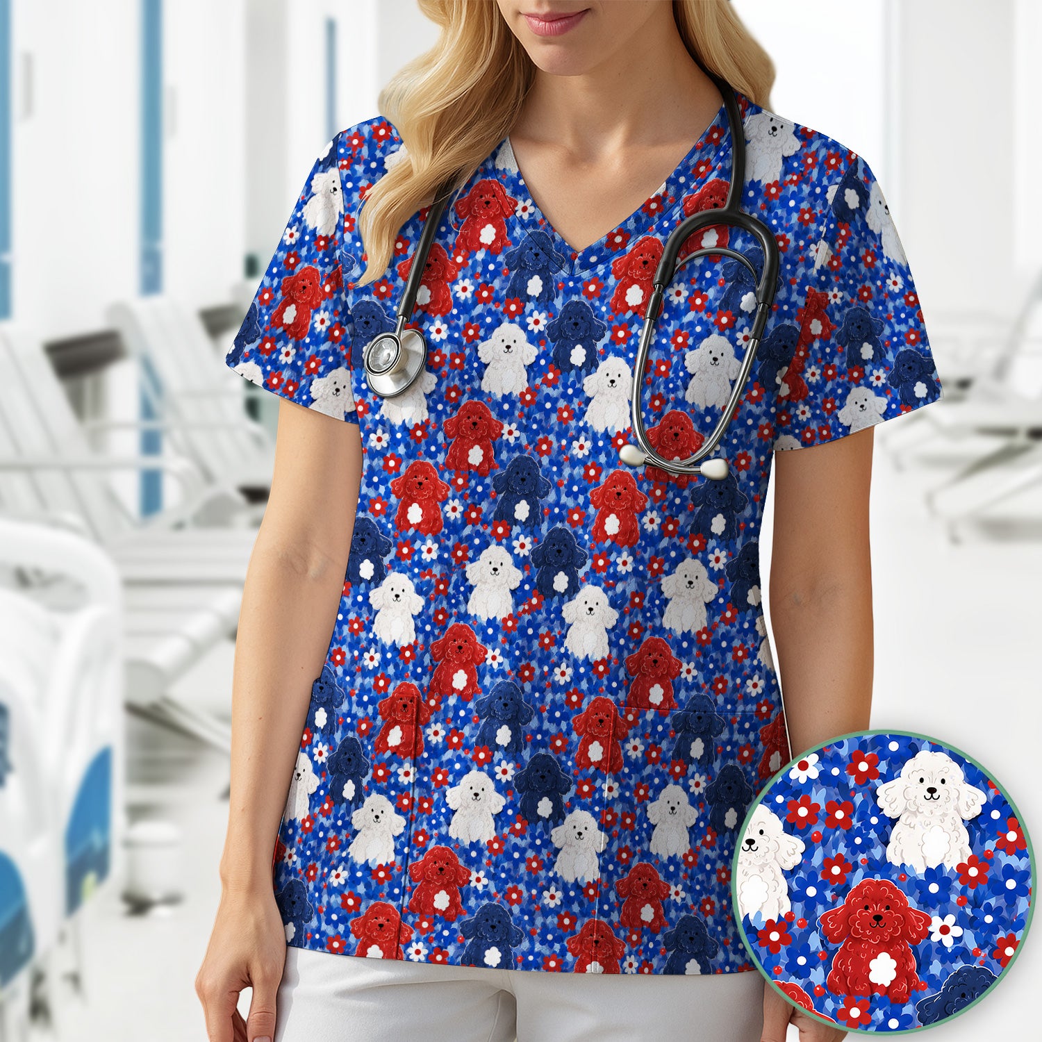 Cute Poodle Floral Garden Print Scrub Top, Comfortable Scrubs for Nurses