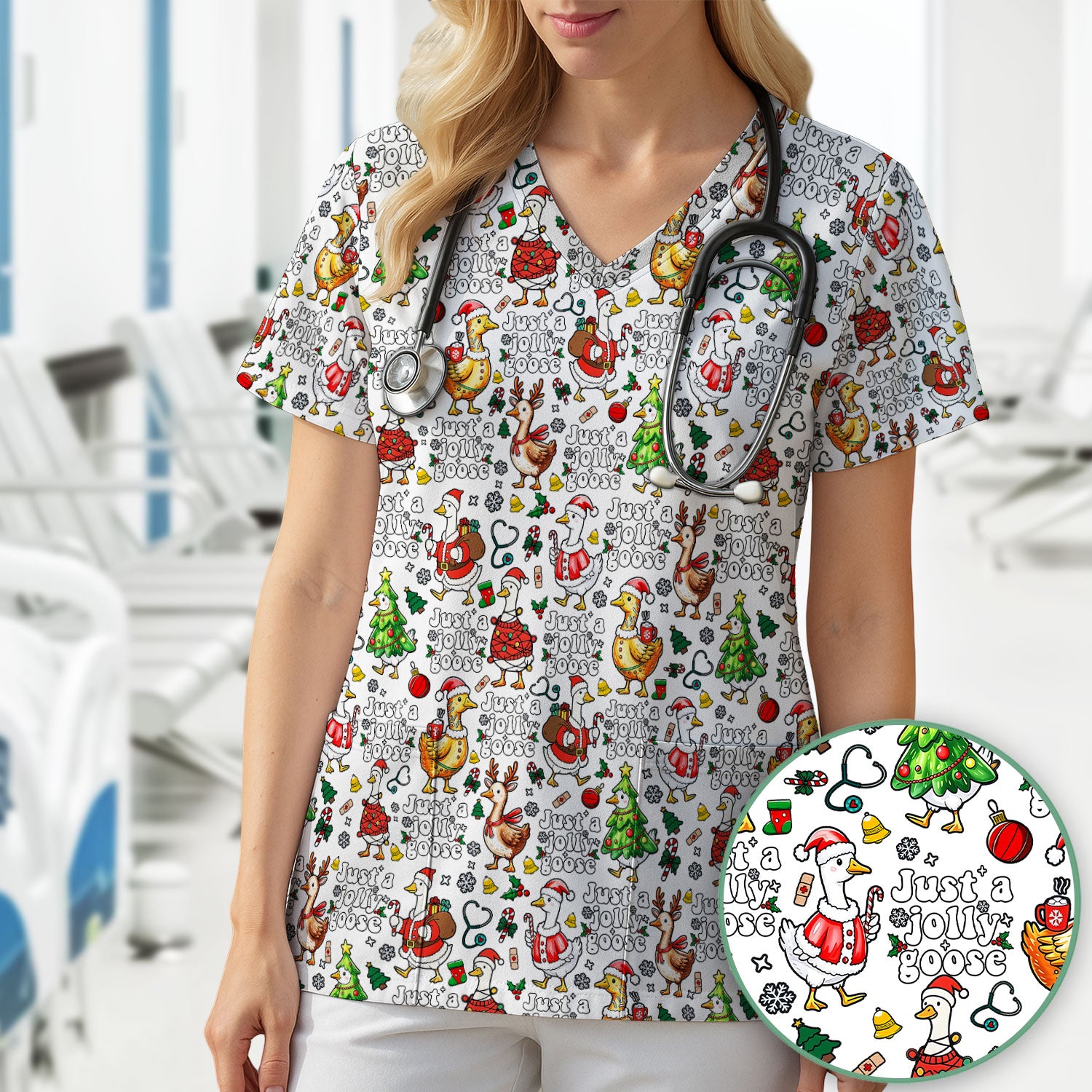 Just a Jolly Goose Funny Christmas Scrub Top - Holiday Medical Uniform for Nurse - Santa Goose Shirt Gift for Women