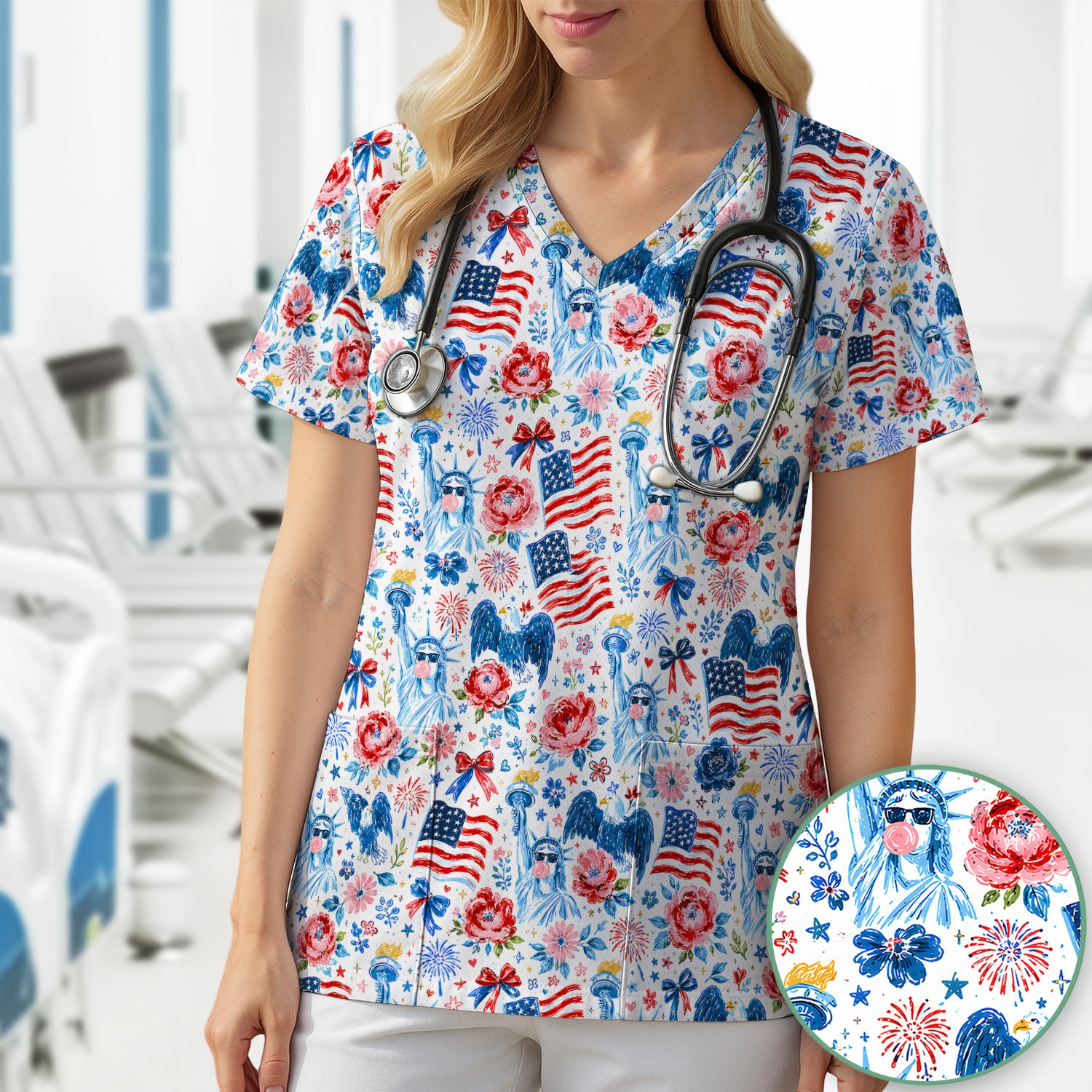 Patriotic Liberty Nurse Pattern Scrub Top, Comfortable Scrubs for Nurses