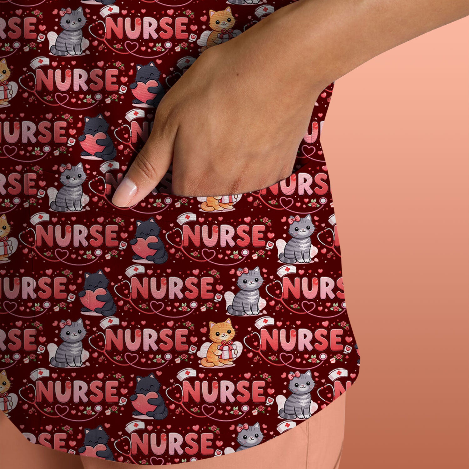 Nurse Cat Heart Pattern Valentine Scrub Top, Comfortable Scrubs for Nurses