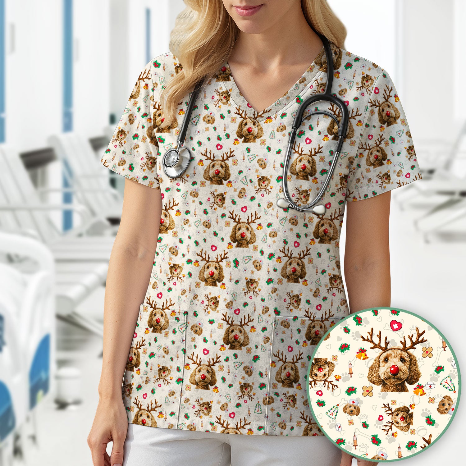 Labradoodle Reindeer Christmas Scrub Top - Funny Dog Nurse Shirt - Cute Holiday Medical Uniform for Women RN LPN CNA Gift