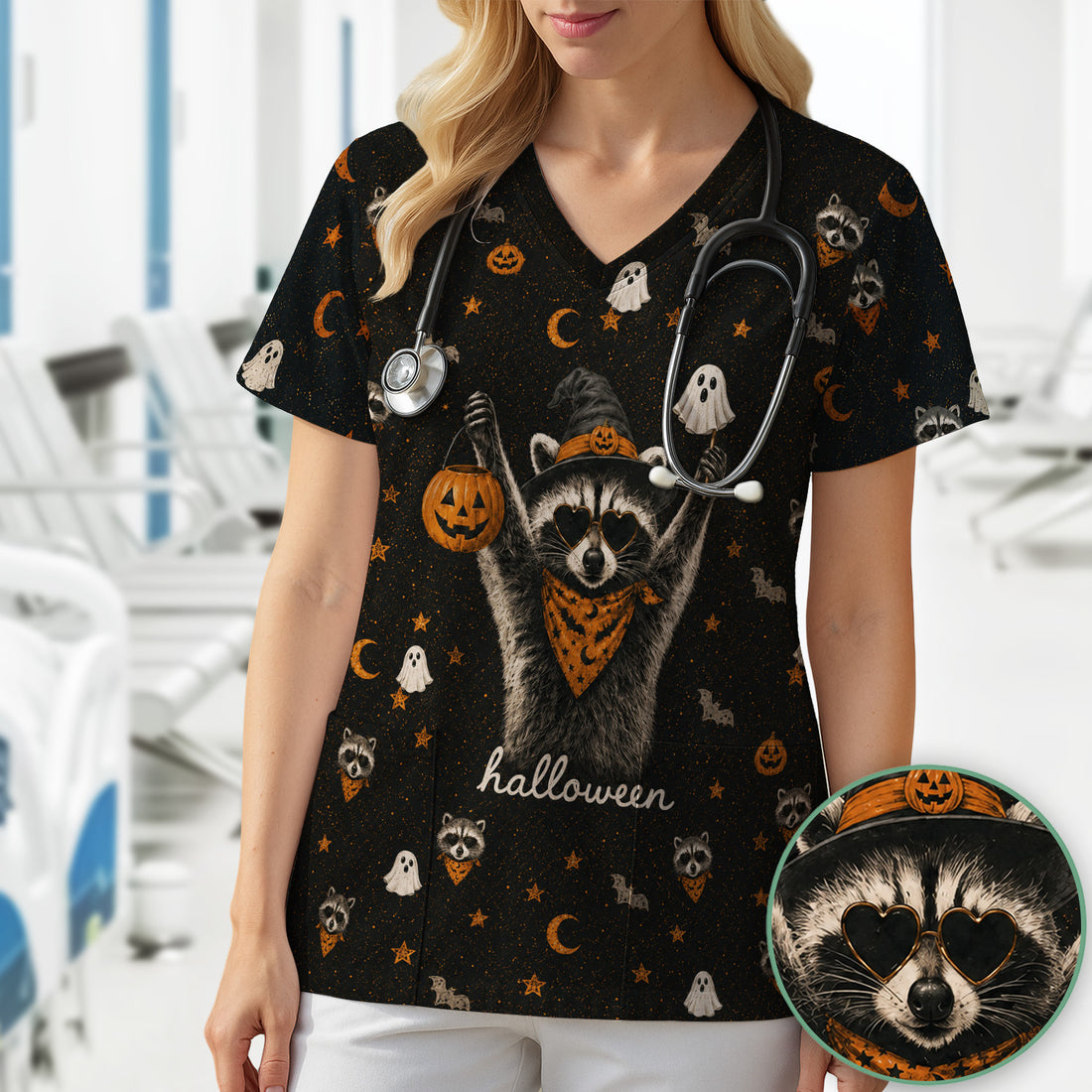 Ghost Pumpkin Raccoon Pattern Scrub Top, Comfortable Scrubs for Nurses