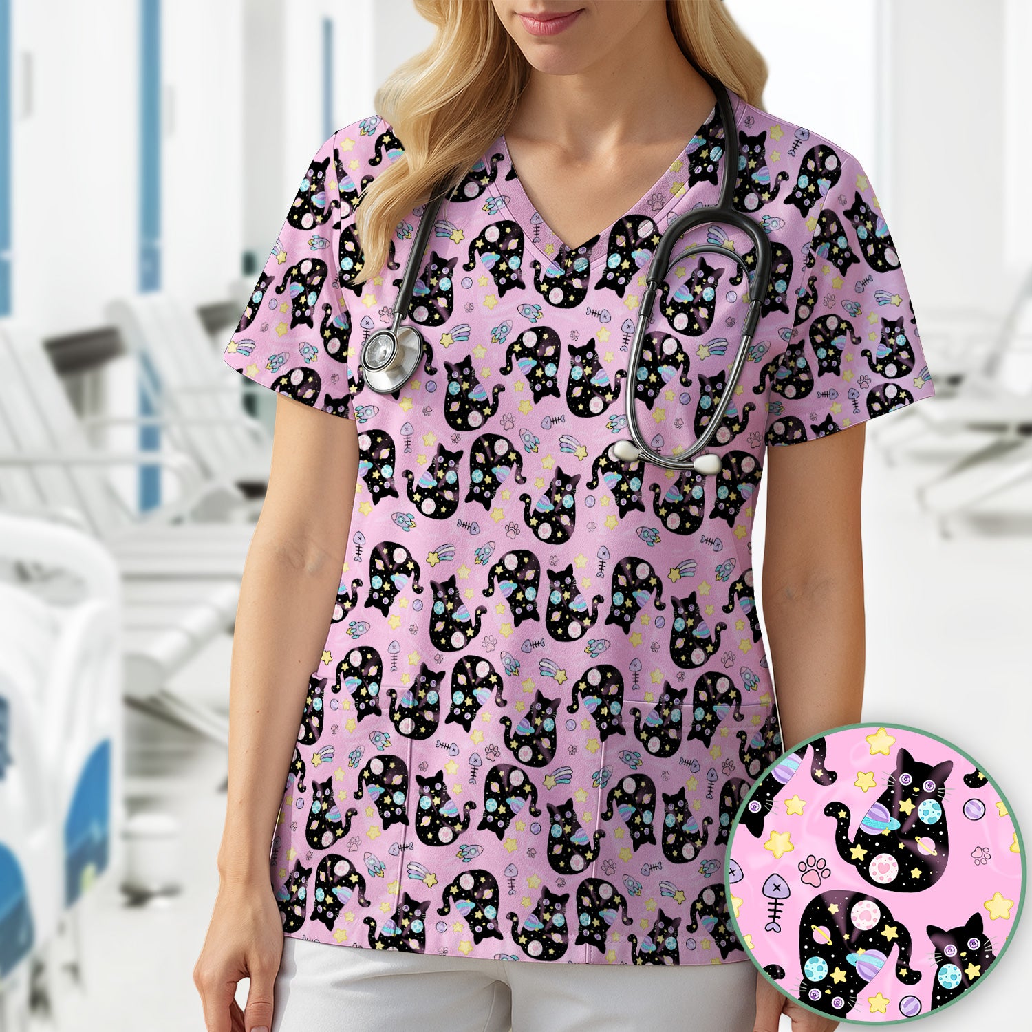 Galaxy Black Cat Space Pattern Scrub Top, Breathable Fabrics Nursing Uniform