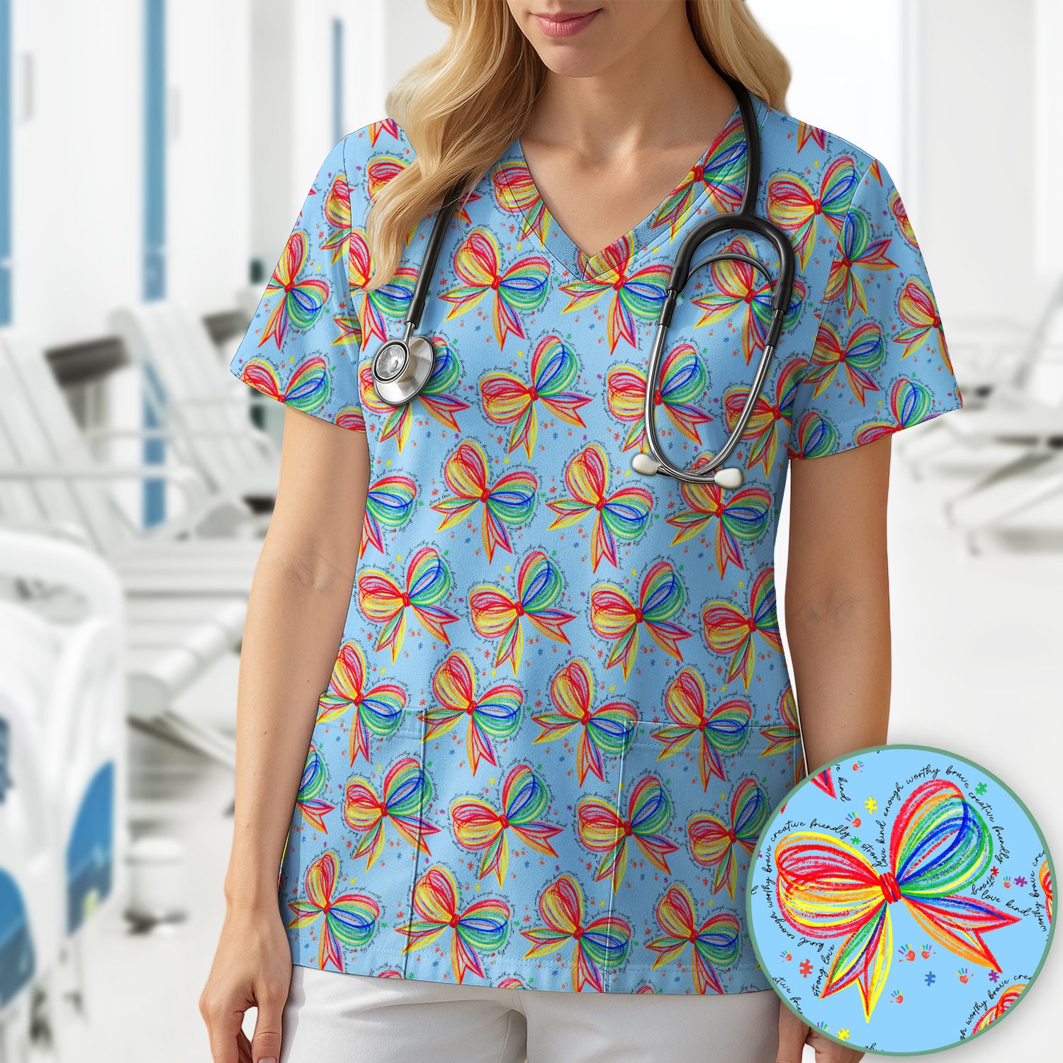 Colorful Rainbow Bow Pattern Scrub Top, Comfortable Scrubs for Nurses