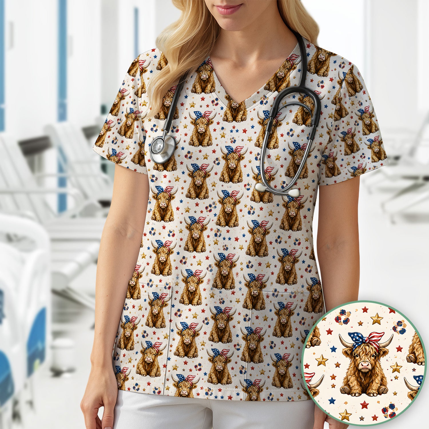Patriotic Highland Cow Nurse for RN & CNA, Americana Farm Animal Healthcare Workers Medical Uniform Scrub Top, Comfortable Scrubs for Nurses