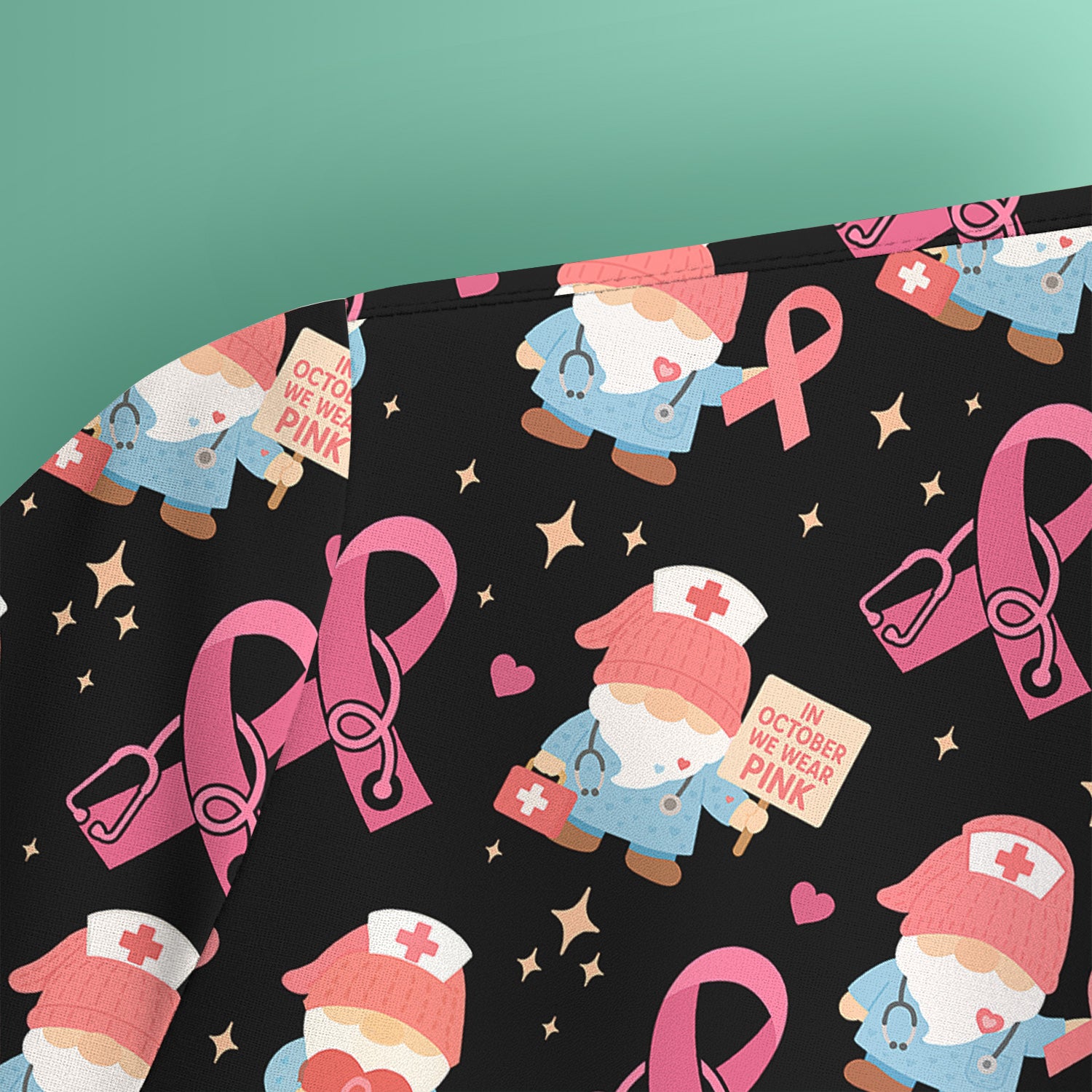 Breast Cancer Awareness Nurse Scrub - Pink Ribbon Nursing Top with Gnome - Gift for Healthcare Workers RN LPN
