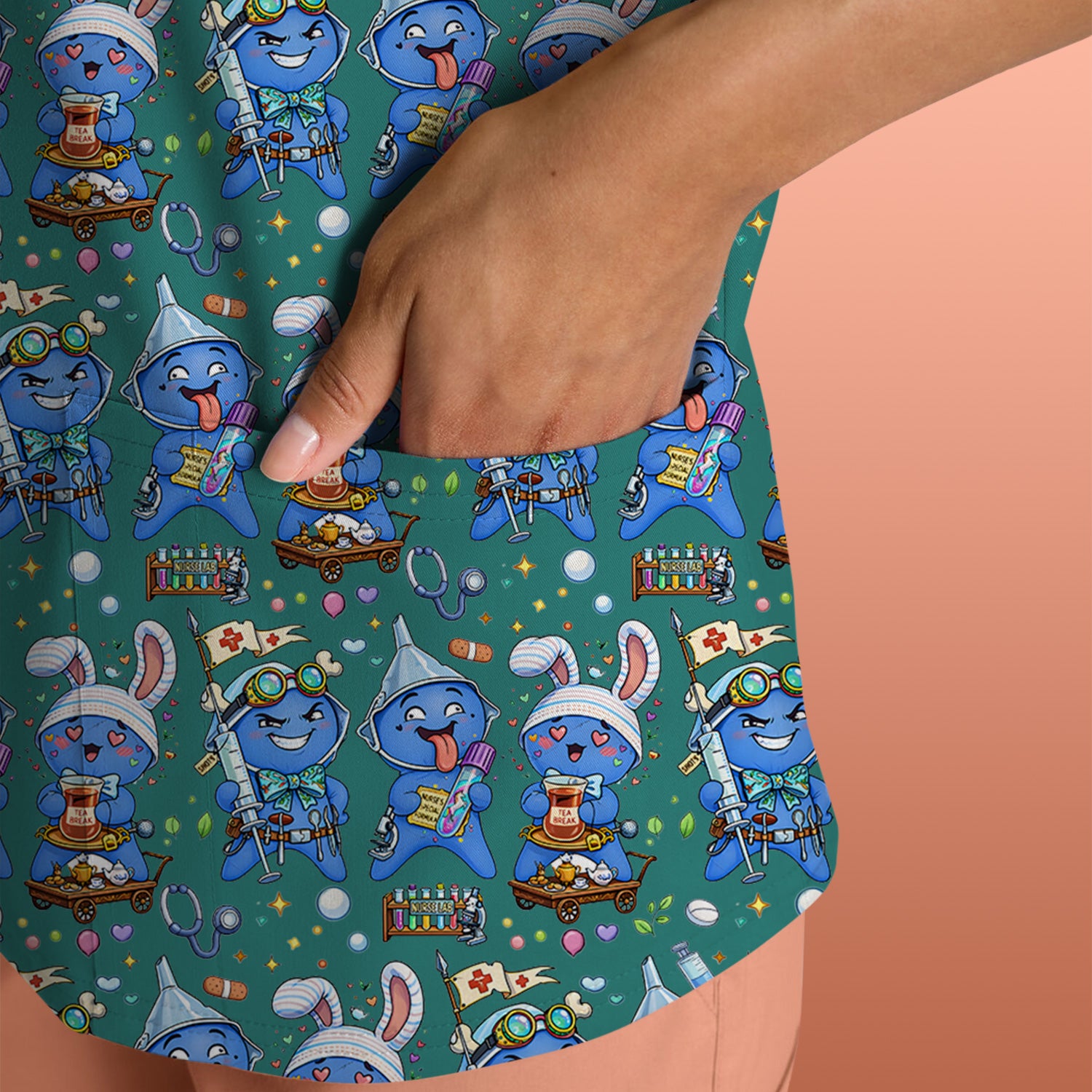 Cute Glove Doll Hospital Medical Cartoon Nurse Pattern Scrub Top, Comfortable Scrubs for Nurses