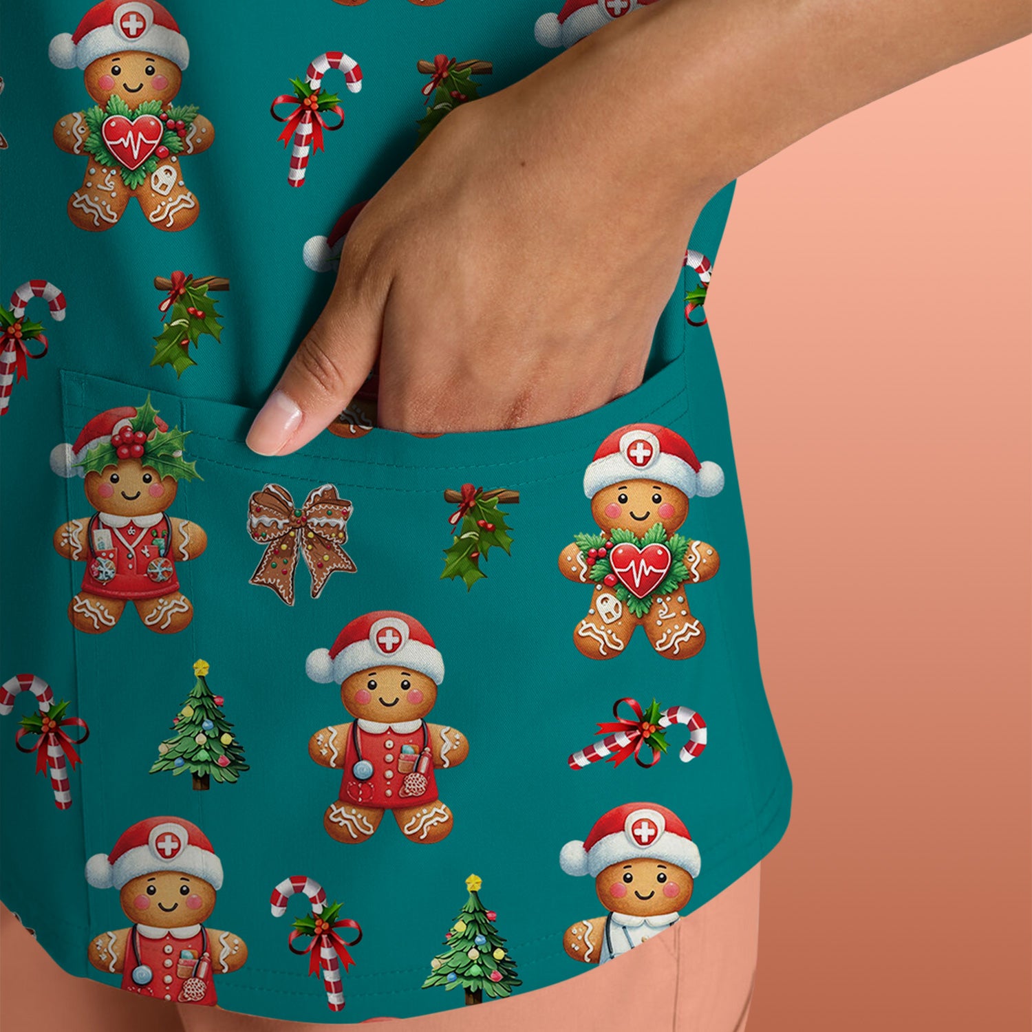 Funny Christmas Scrub Top for Nurse - Adorable Gingerbread Candy Cane Bow- Festive Medical Uniform for Women
