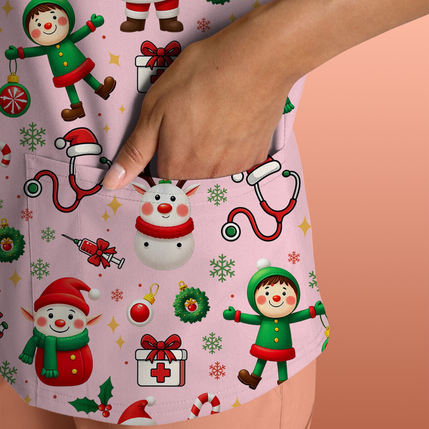 Christmas Scrub Top for Nurse - Cute Santa Elf Reindeer Medical Shirt - Festive Holiday Scrubs for Women RN CNA LPN Gift