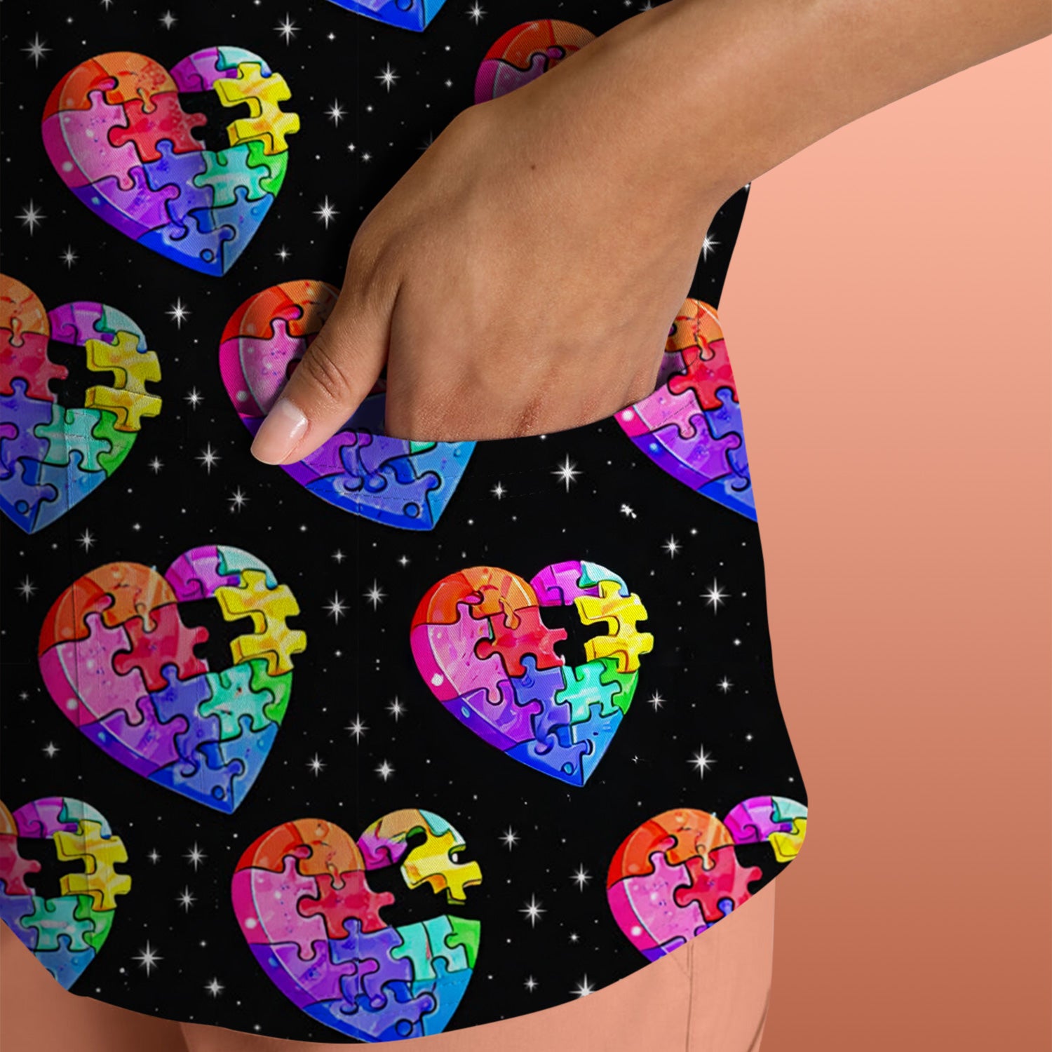 Rainbow Autism Puzzle Heart Pattern Scrub Top, Starry Sky Medical Uniform for Nurses