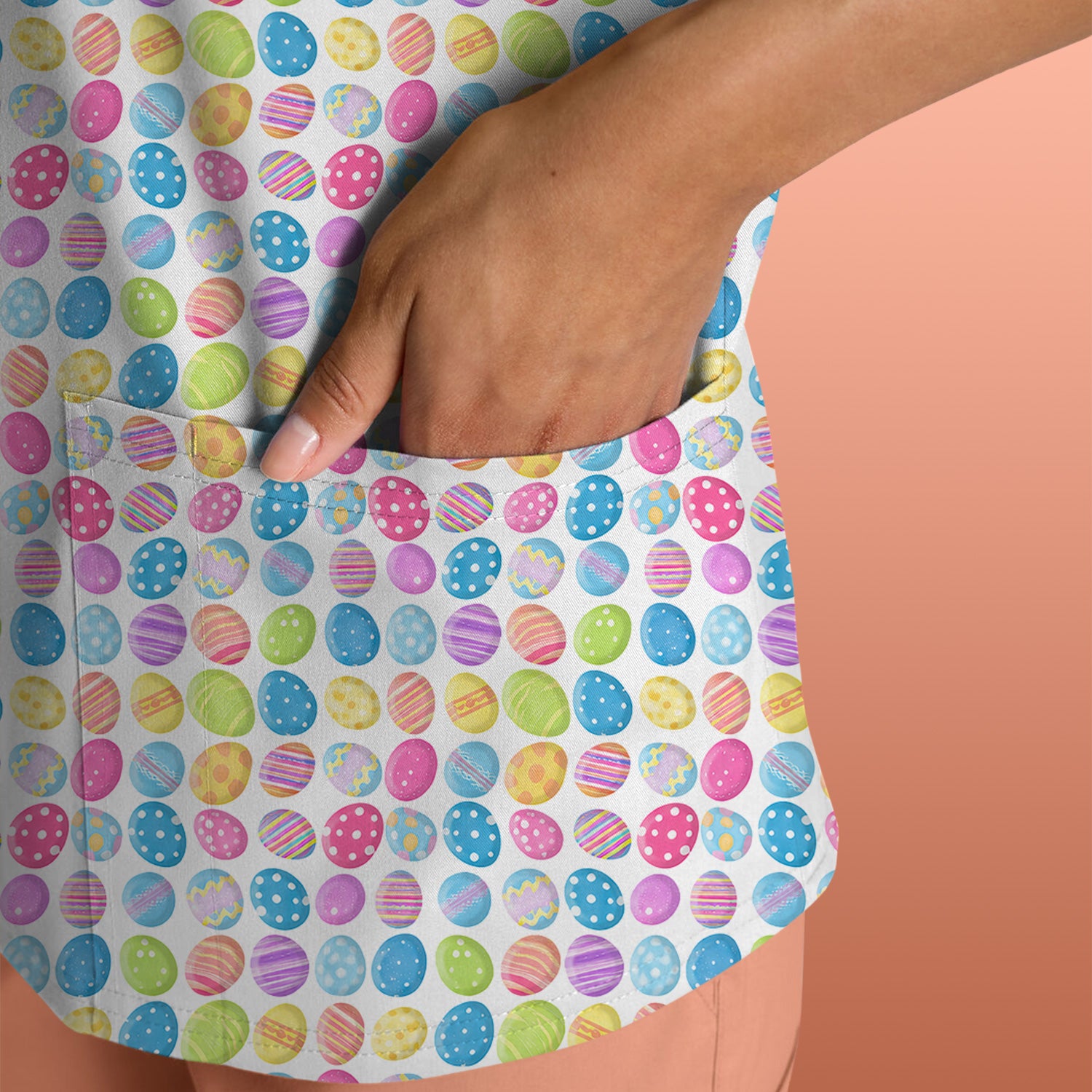 Colorful Easter Eggs Pattern Scrub Top, Comfortable Scrubs for Nurses