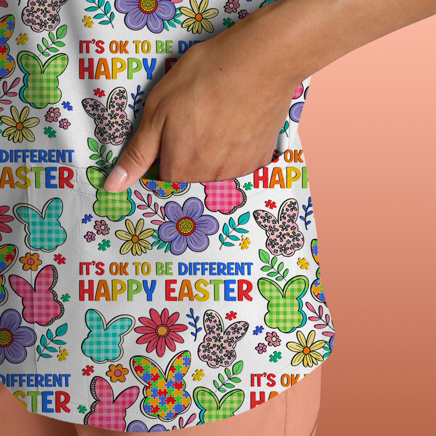 Happy Easter Bunny Floral Print Scrub Top, Breathable Fabrics Nursing Uniform