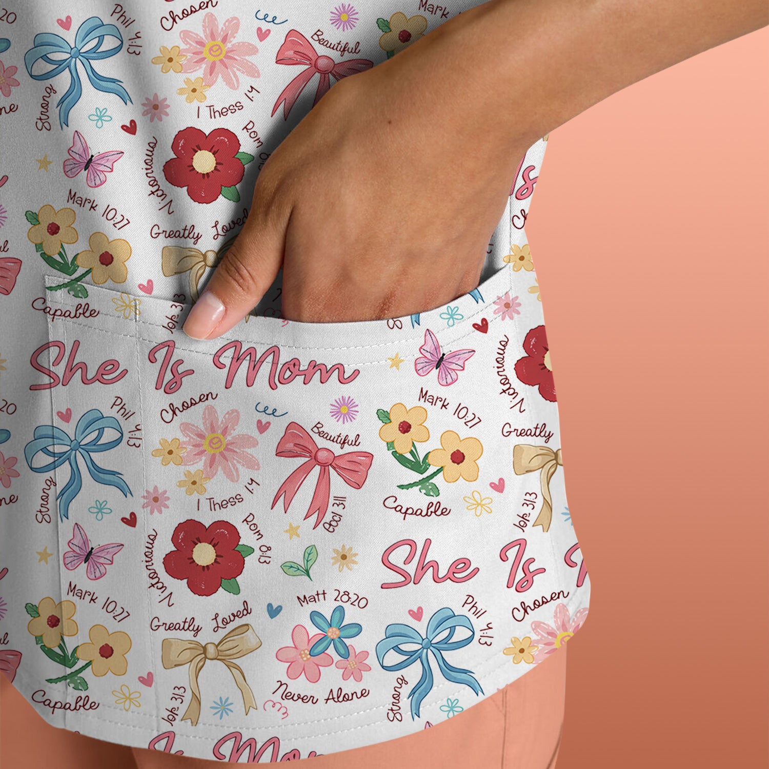 She Is Mom Floral Bow Pattern Scrub Top, Comfortable Scrubs for Nurses