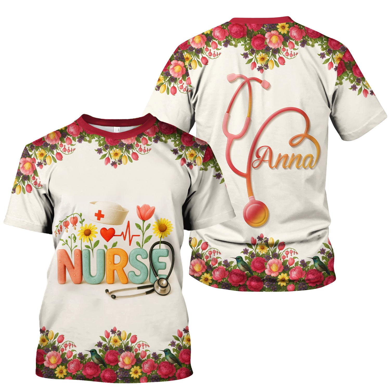 Personalized Floral Nurse Shirt with Name - Cute Colorful Flowers and Stethoscope Design - Thoughtful Gift for Women RN CNA LPN in Healthcare and Nursing Profession