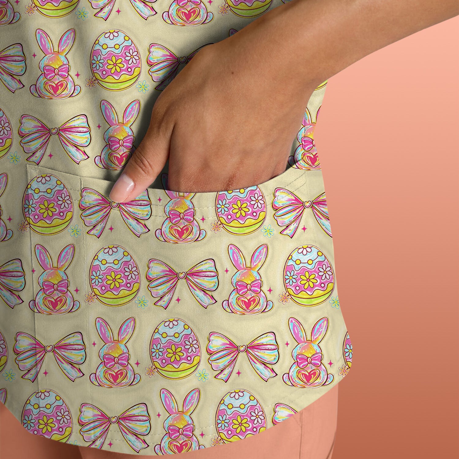 Easter Bunny Pastel Egg Bow Pattern Scrub Top, Breathable Fabrics Nursing Uniform
