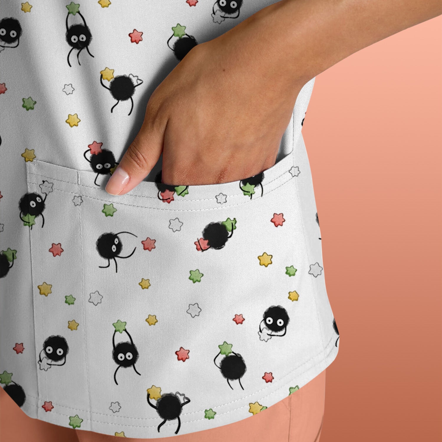 Funny Spider Pattern Pattern Pattern Scrub Top, Cartoon Spider Pattern Nursing Uniform For Women