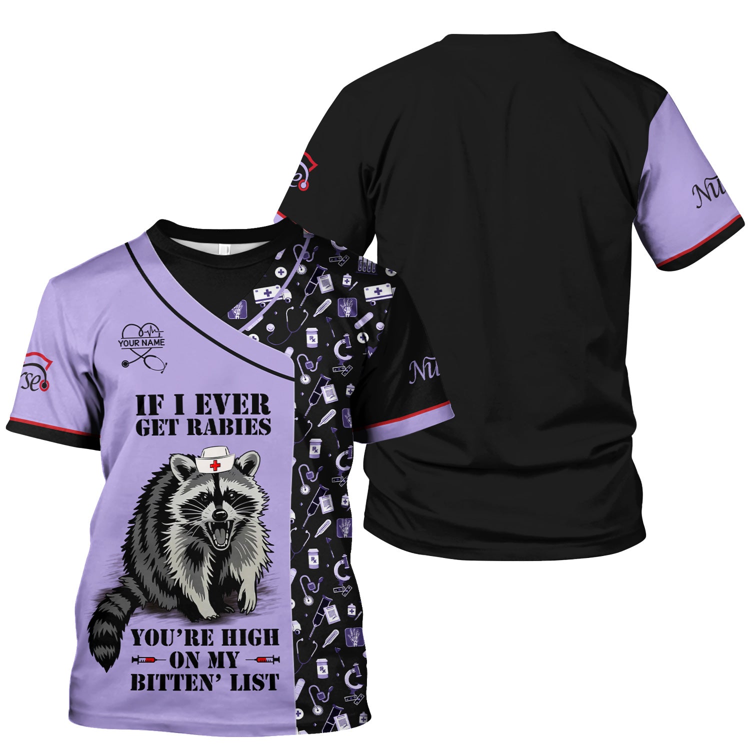 Personalized Funny Nurse Scrub for Women - Raccoon Nurse Graphic Design - Medical Gift for RN LPN CNA Healthcare Staff