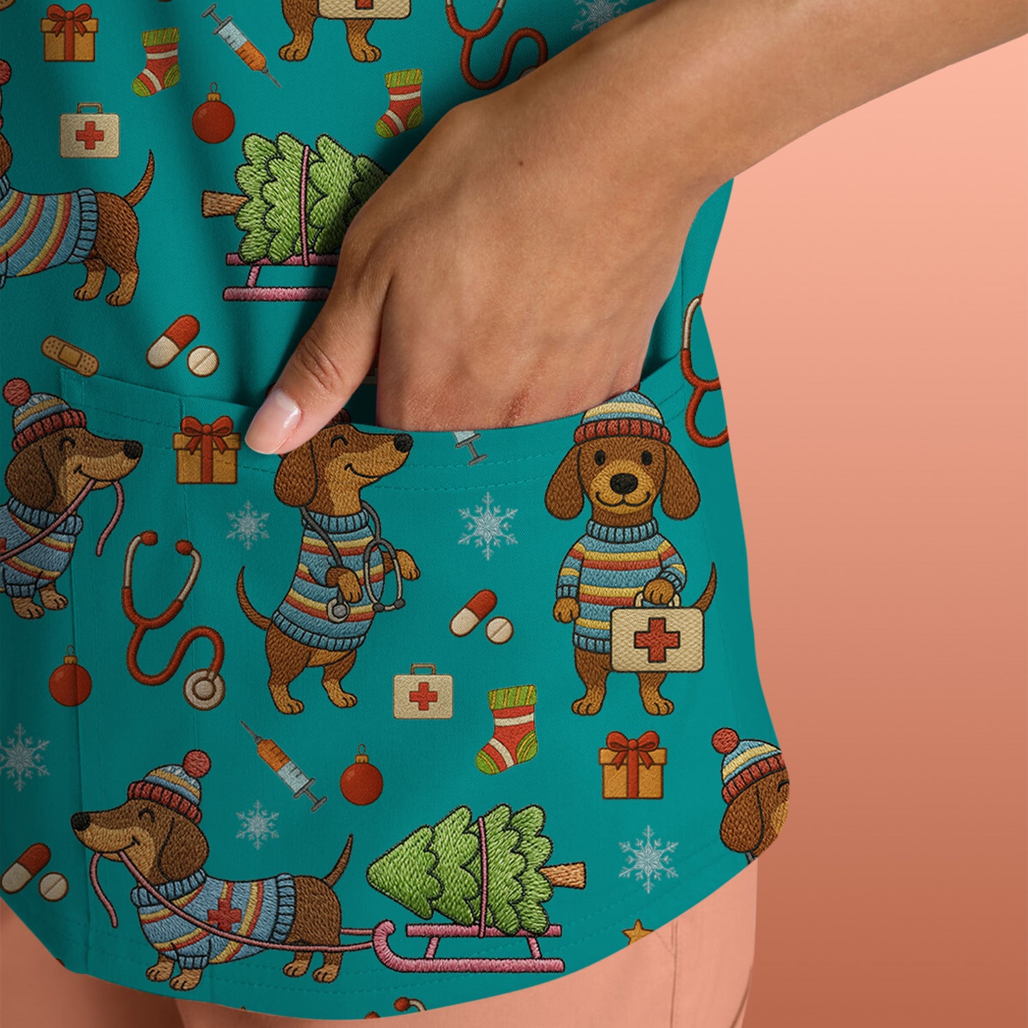 Dachshund Dog Scrub For Nurse, Funny Wiener Dog Lover Gift, Cute Dog 3D Knit Pattern Shirt