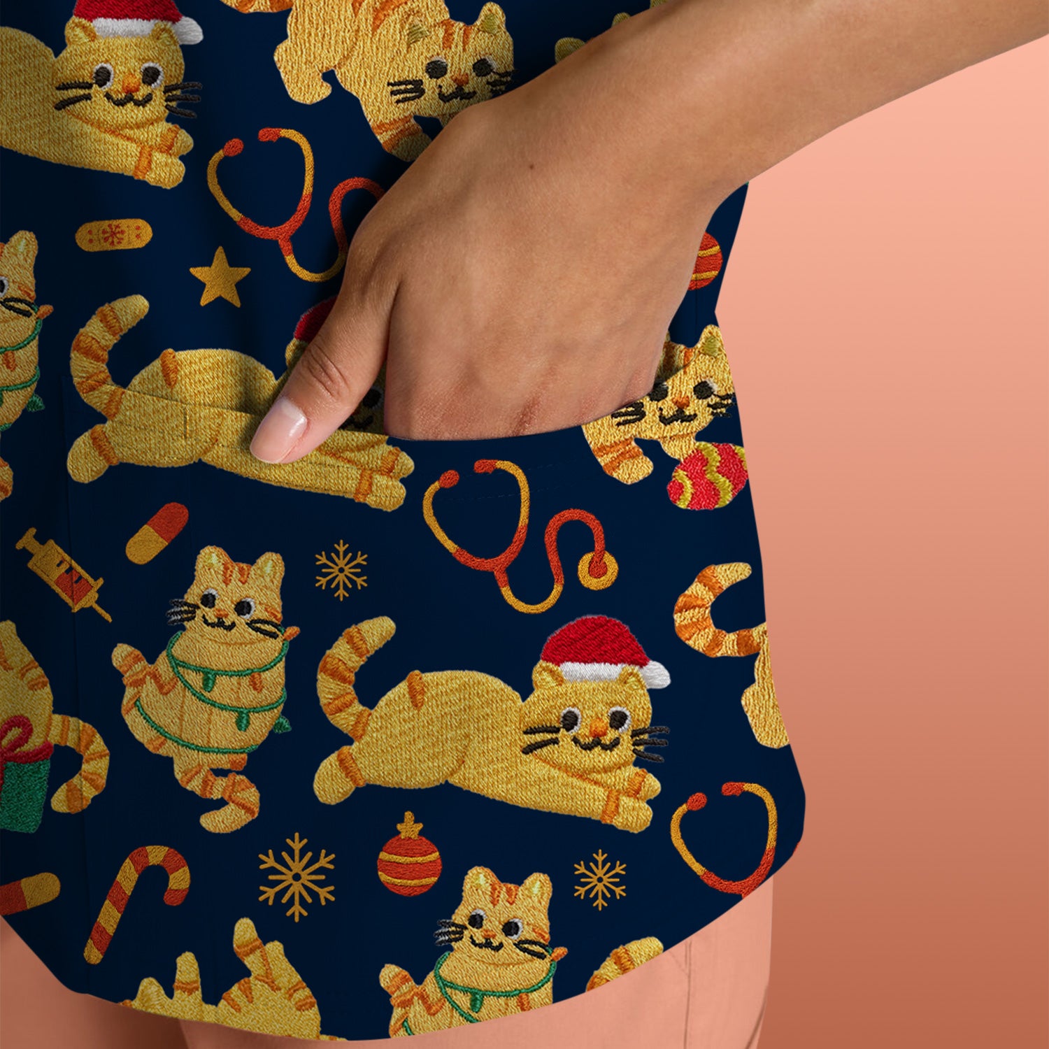Christmas Cat Nurse Scrub Top, Cute Holiday Kitty Medical Uniform Shirt For Nursing