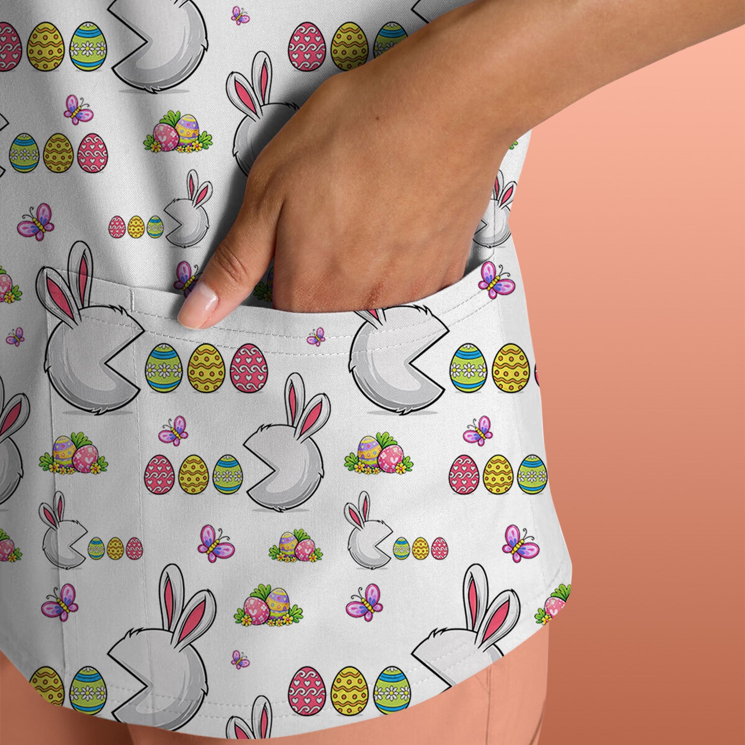 Easter Bunny and Colorful Eggs Print Scrub Top, Breathable Fabrics Nursing Uniform